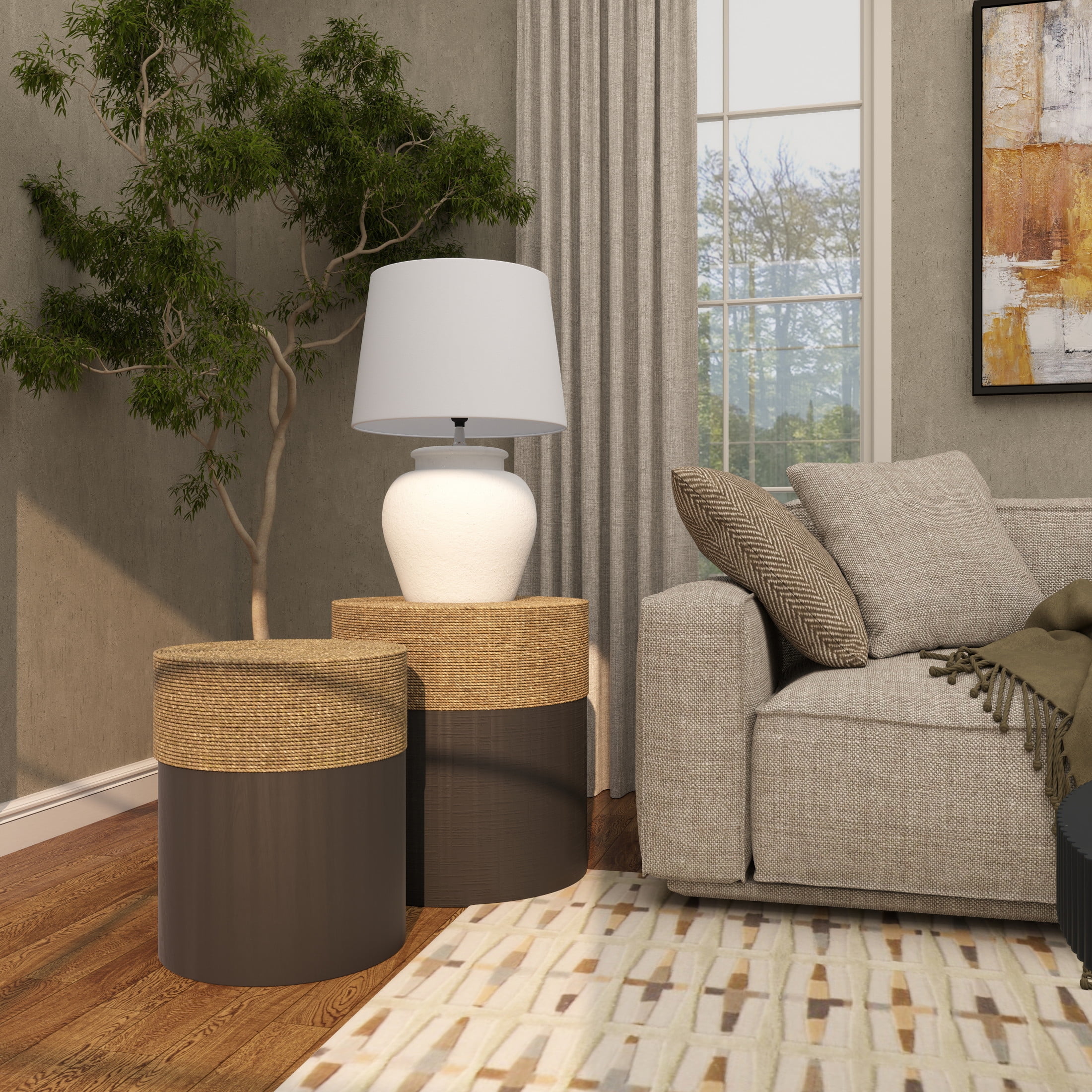 DecMode 19" x 20" Black Wood Handmade Accent Table with Brown Wrapped Seagrass Tabletops, 2-Pieces - Image 5