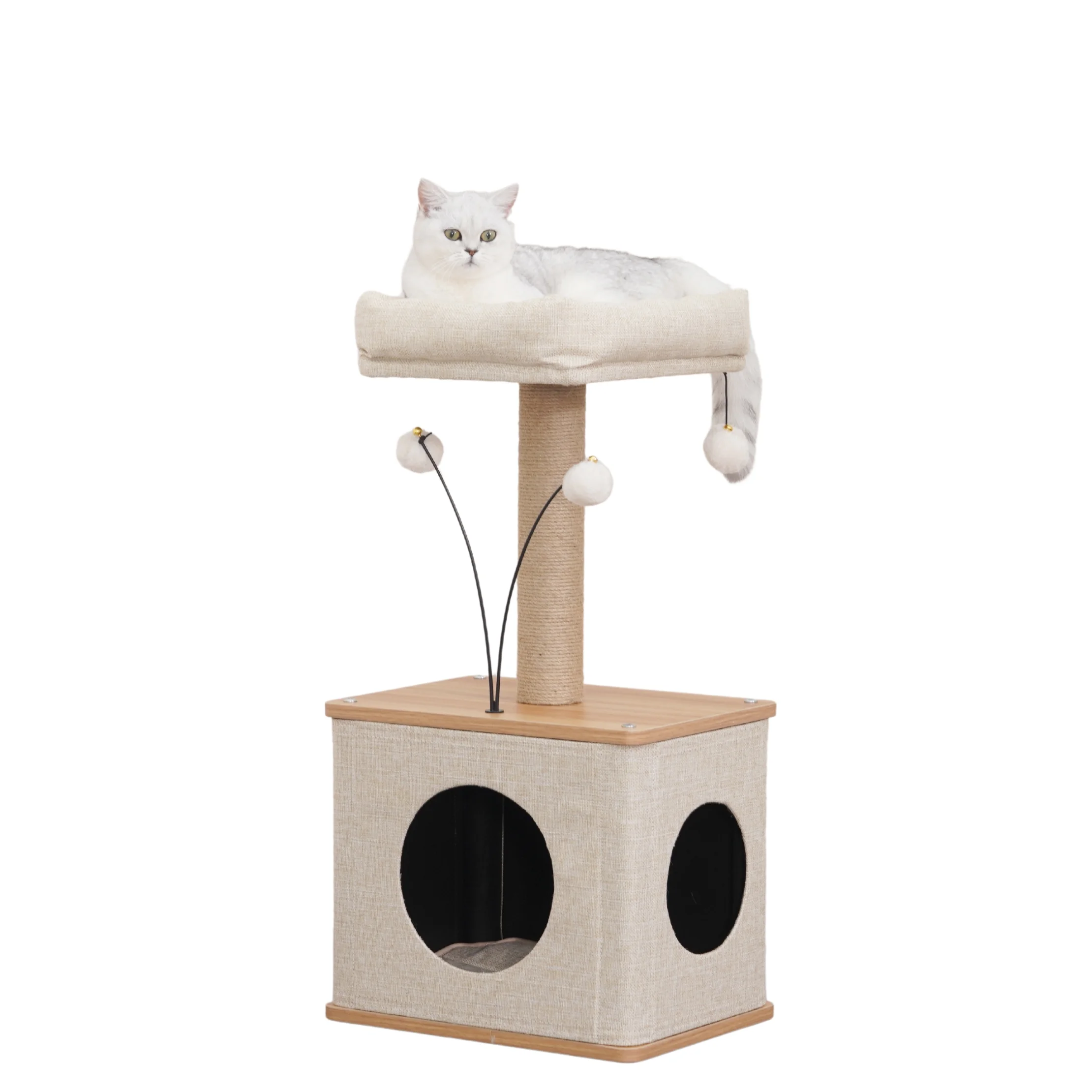 Vibrant Life 3-Level 30" Minimalist Cat Tree with Large Condo and Perch, 3 Toys, Beige - Image 13