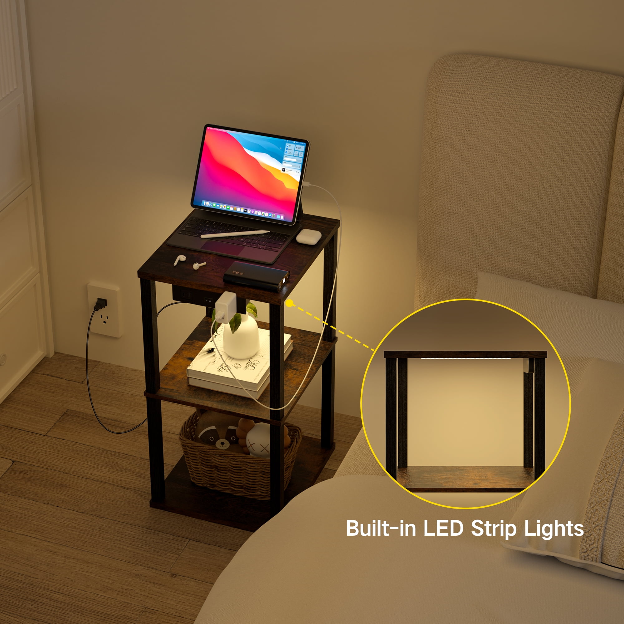 OUTONLIFE End Table with Charging Station, Small Bedside Table with 3 Storage Shelves, Narrow Side Table with USB Ports & Power Outlets, Night Stand for Living Room, Bedroom, Black - Image 5
