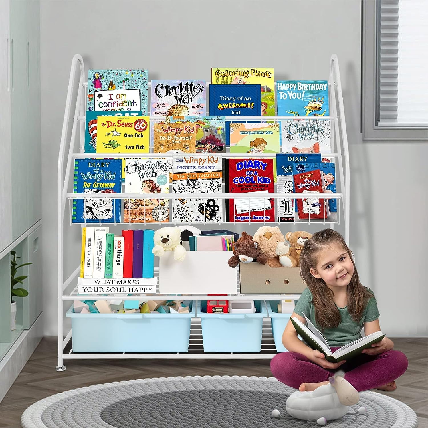 Dueatib Metal Kids Bookshelf Freestanding,Book Organizer for Kids,Bookcase Rack 32in Bookshelf with 2 Tier Children's Toys Display Storage Organizer Shelves(5-tier/32in,White) - Image 6