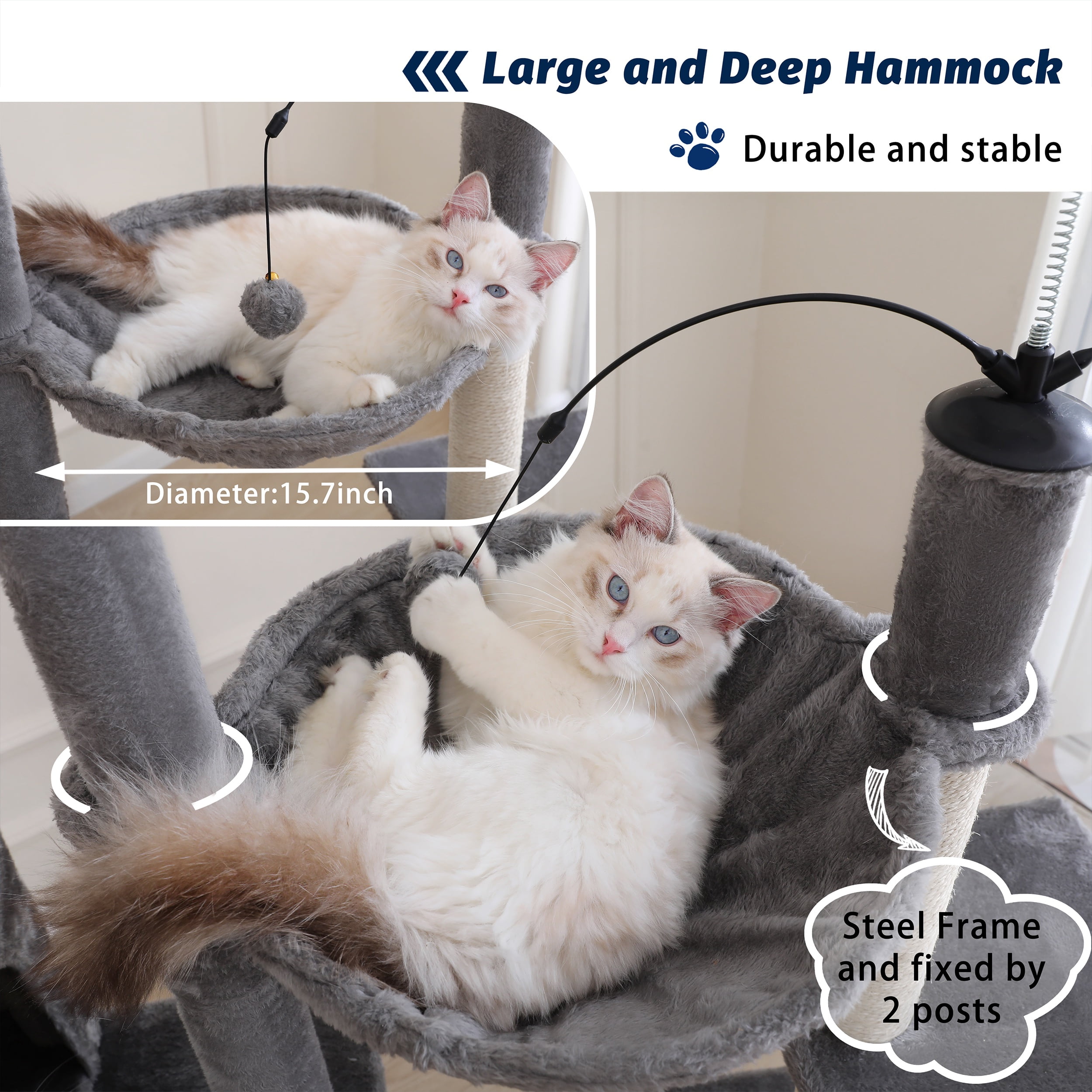 Vibrant Life 64” Multiple Level Cat Tree Tower with Condo and Hammock, Gray - Image 9