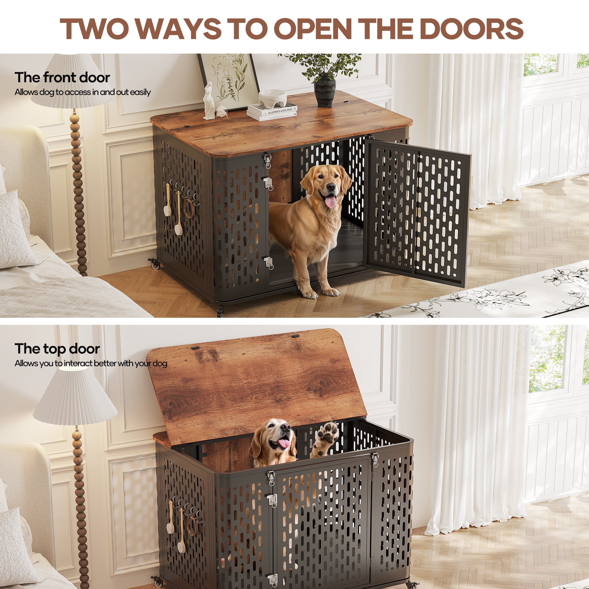 Naipo XL Heavy Duty Dog Crate Furniture, 43.7" Large Metal Dog Kennel, Chew Proof Prevent Escape for High Anxiety Dogs, Indoor Indestructible Dog Kennel, Rustic Brown - Image 10