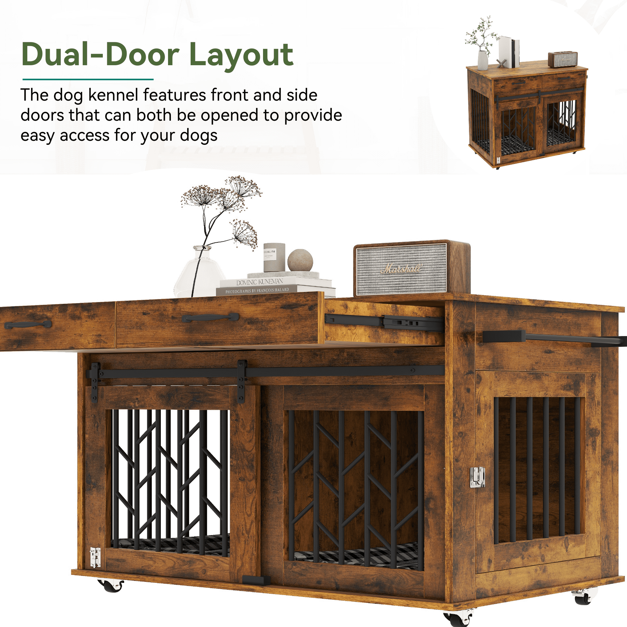 Uforic 39 in Dog Crate Furniture,Dual-Door Dog Kennel Indoor with Drawer & Wheels,Wooden Dog Crate House for S/M/L Size Dogs, End Table,39.3"L x 25.1"W x 31.8"H,Rustic Brown - Image 5