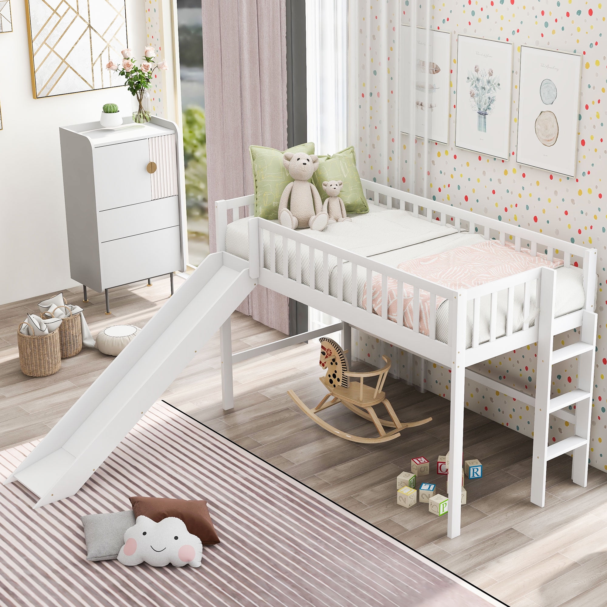 Aukfa Twin Loft Bed with Slide, Solid Wood Bed Frame for Kids - White - Image 4