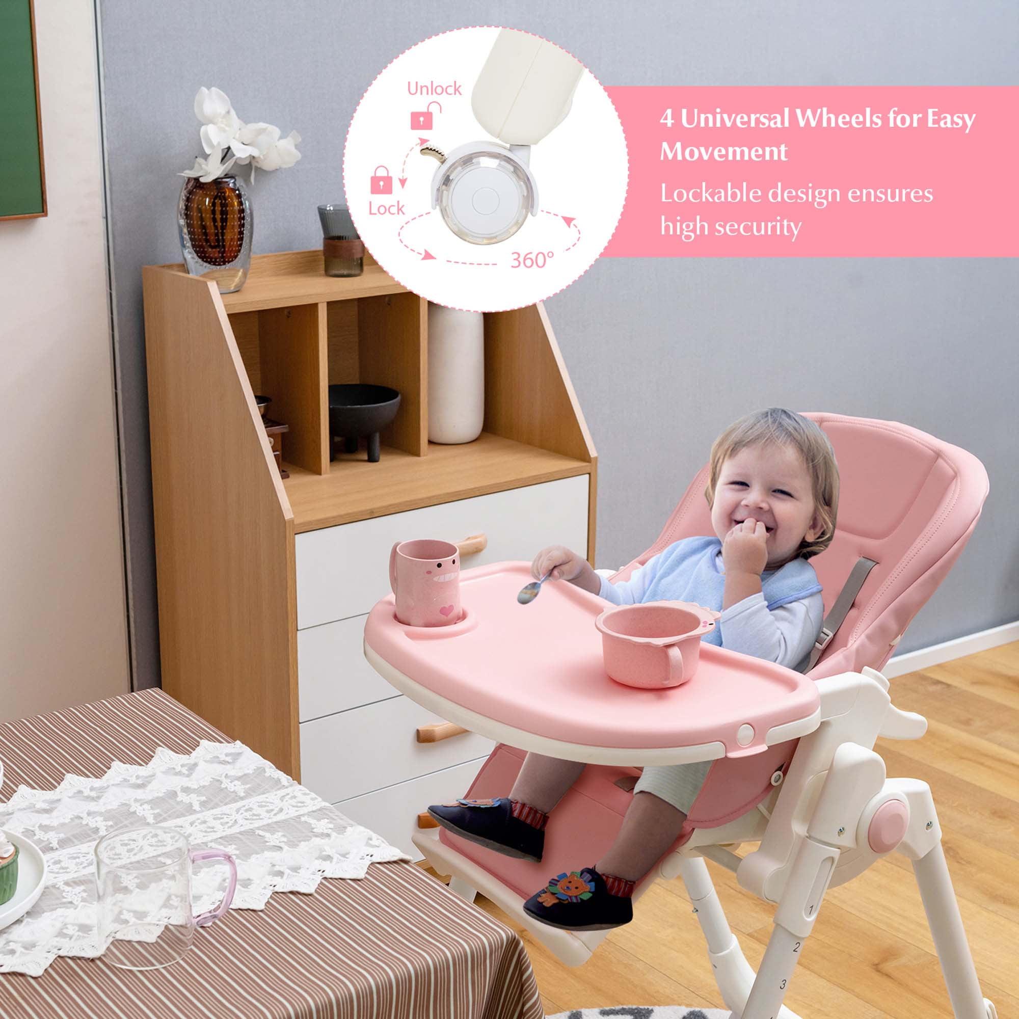Babyjoy Foldable Highchair Baby Feeding Chair with 360° Rotating Wheels & Height Adjustment Pink - Image 4