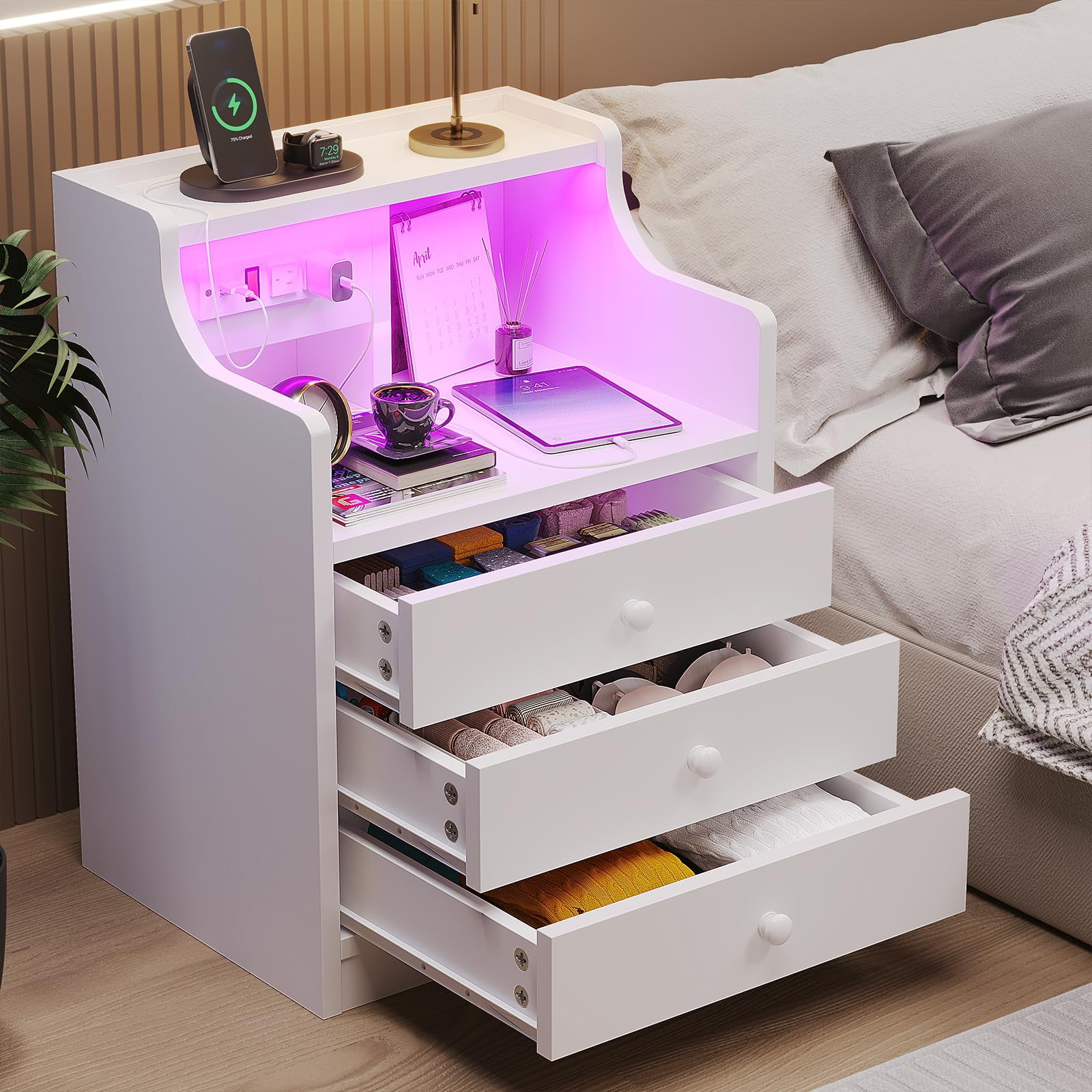 Nightstand with Charging Station and LED Lights, Night Stand with Hutch and Storage Drawers, White - Image 3
