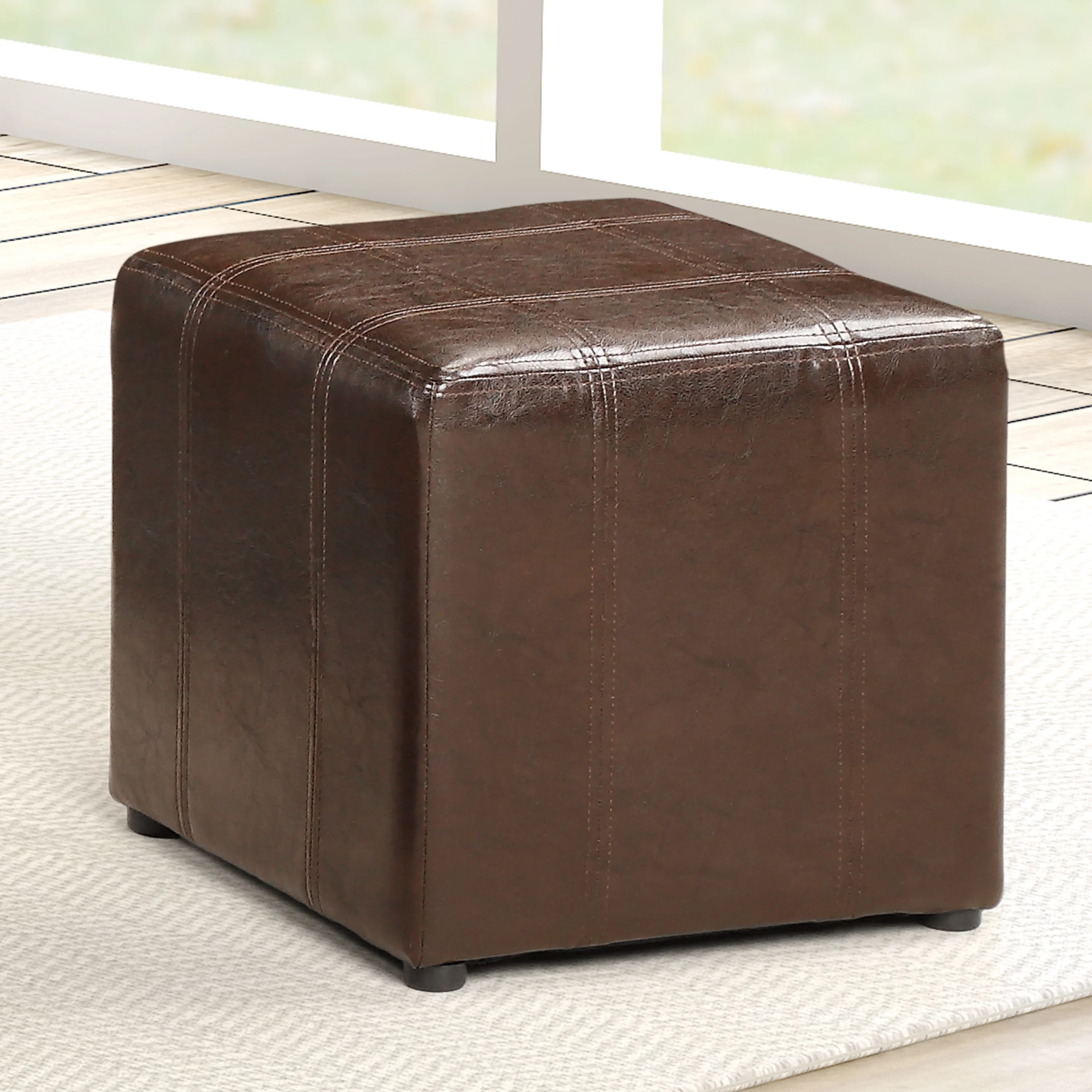 Leather Storage Bench with 2 Side Ottomans, Brown - Image 5