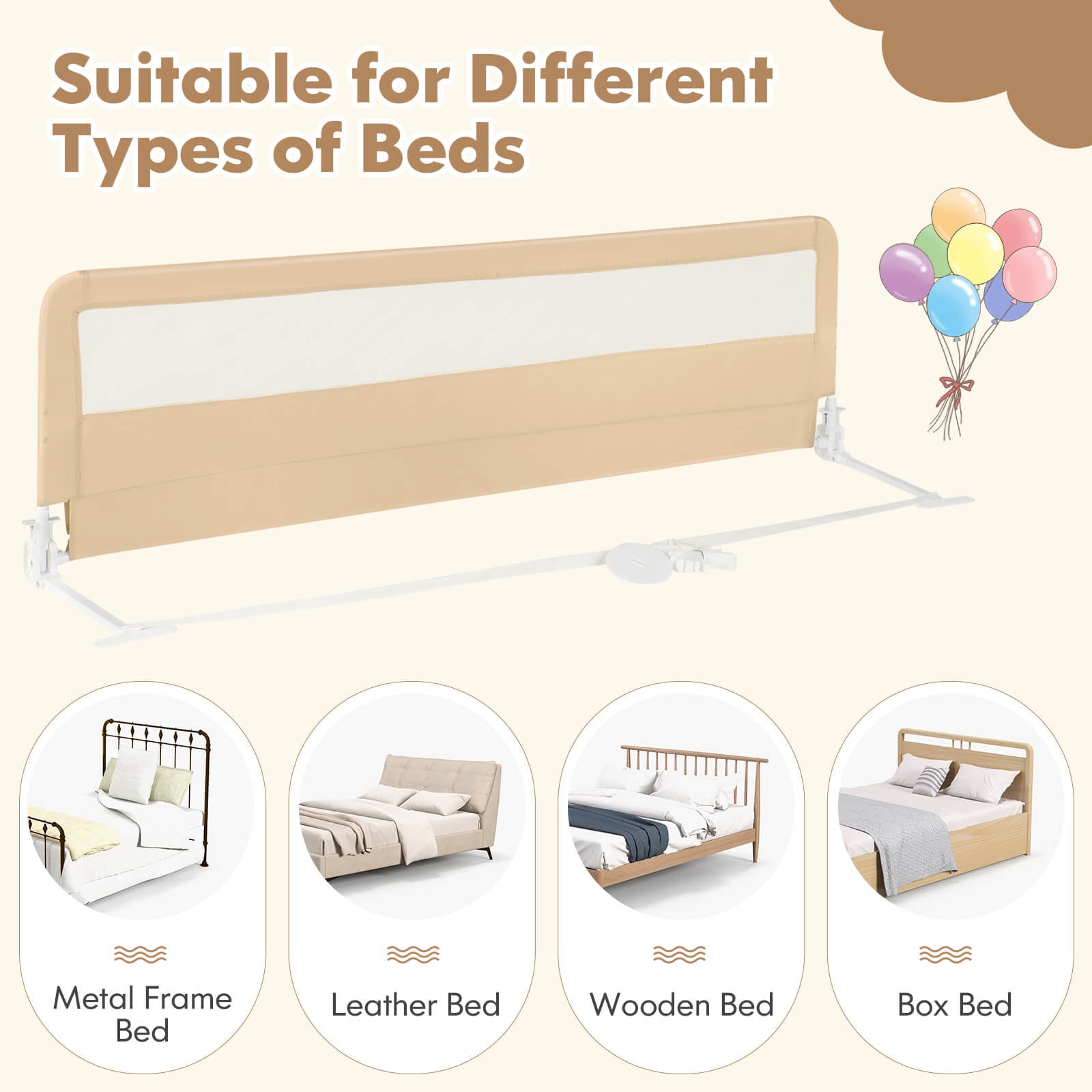 Babyjoy 71" Long Bed Rail for Toddlers with Removable Cover Breathable Mesh & Crossbar Beige - Image 5