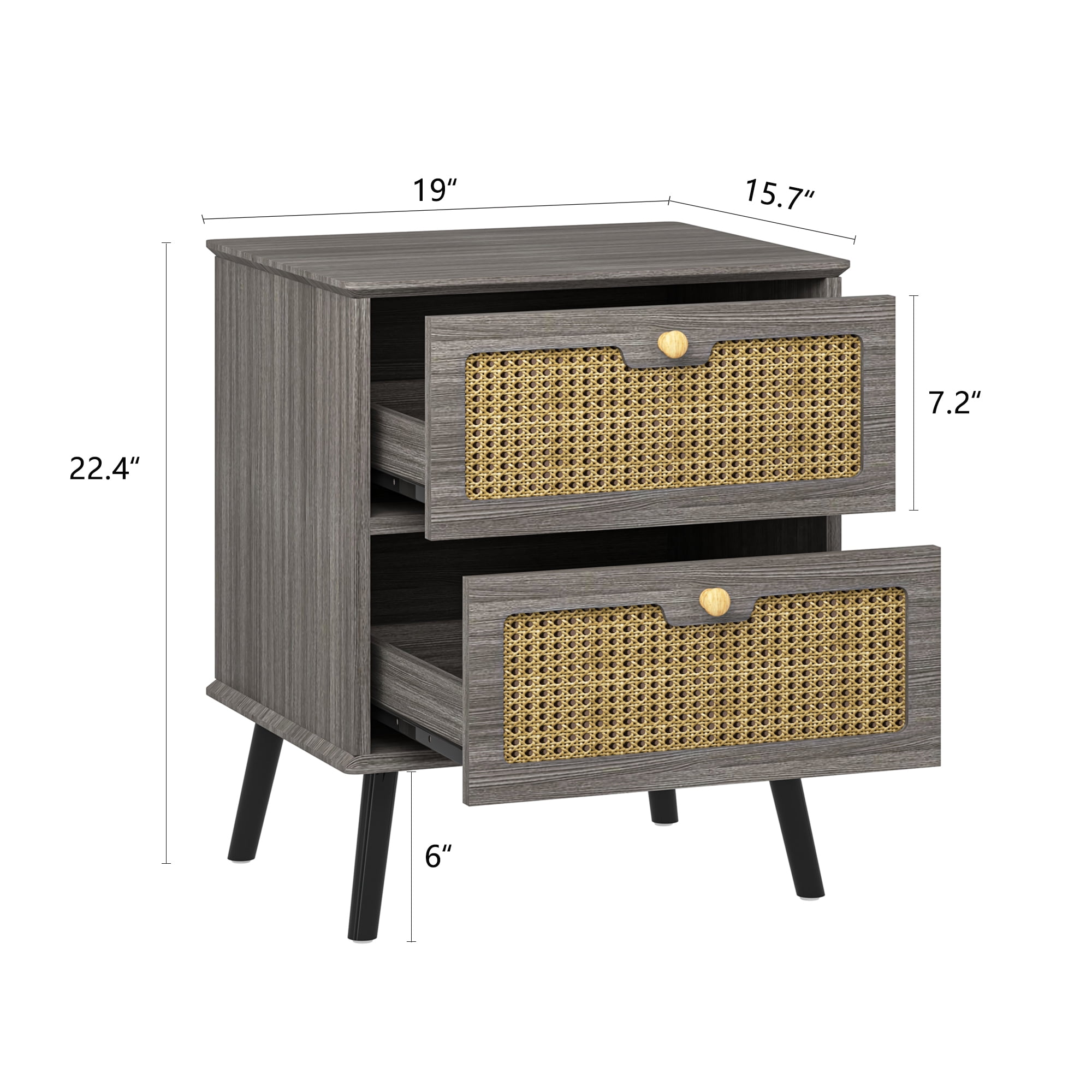 Hommoo 2 Rattan Drawers Nightstand, Modern Wood Side Table Bedside End Table, Night Stand Storage Cabinet for Living Room Bedroom, Gray - Image 4