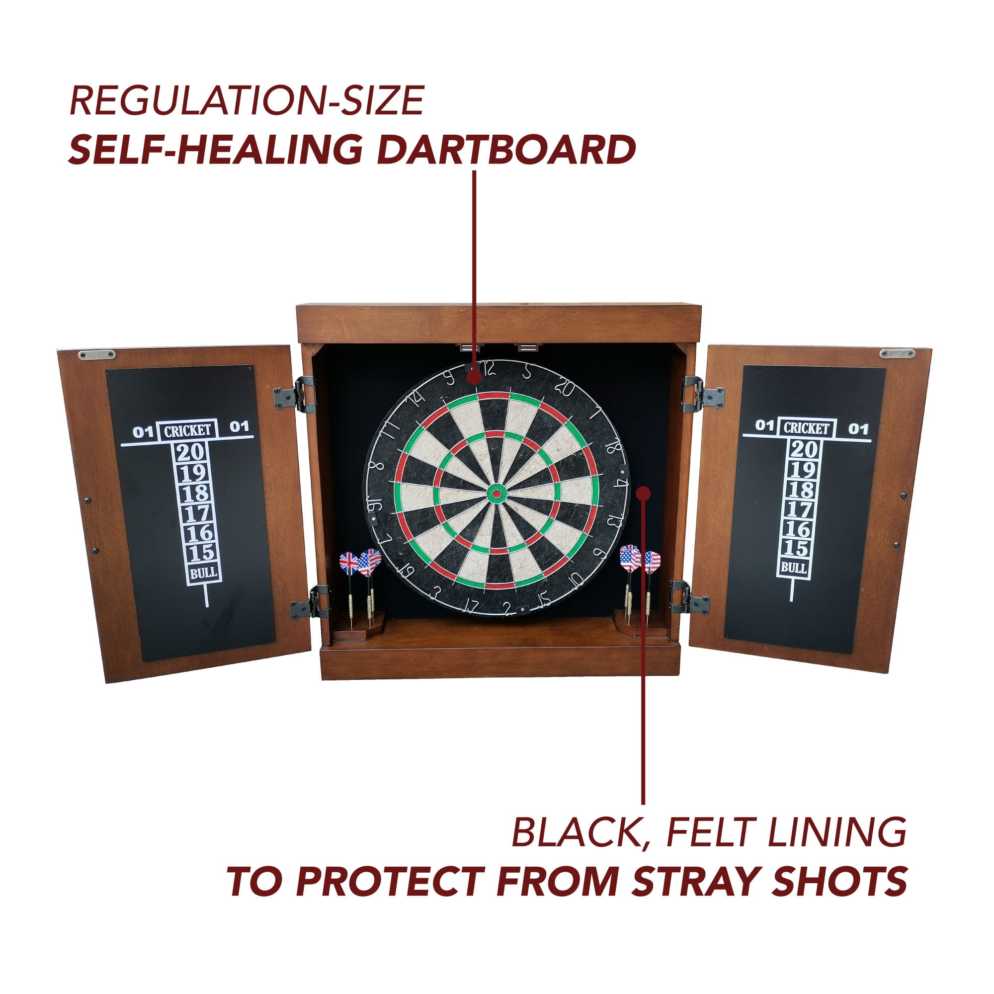Hathaway Farmington Bristle Dartboard and Cabinet Set - Walnut Finish - Image 2
