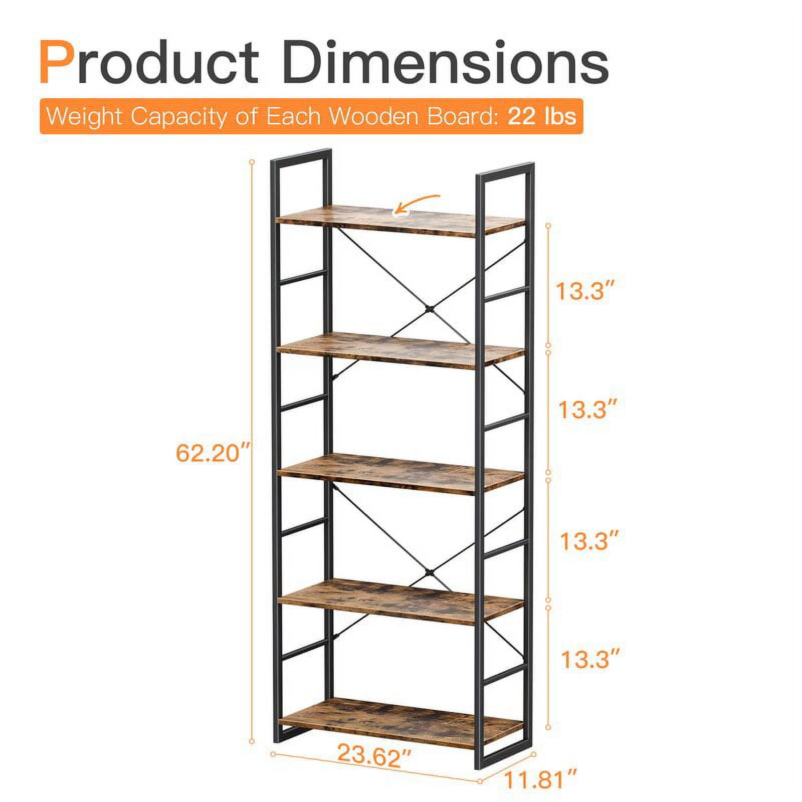 5 Tier Ladder Bookshelf, Industrial Open Bookcase Storage Organizer, Modern Tall Book Shelf for Bedroom, Living Room and Home Office, Rustic Brown - Image 2