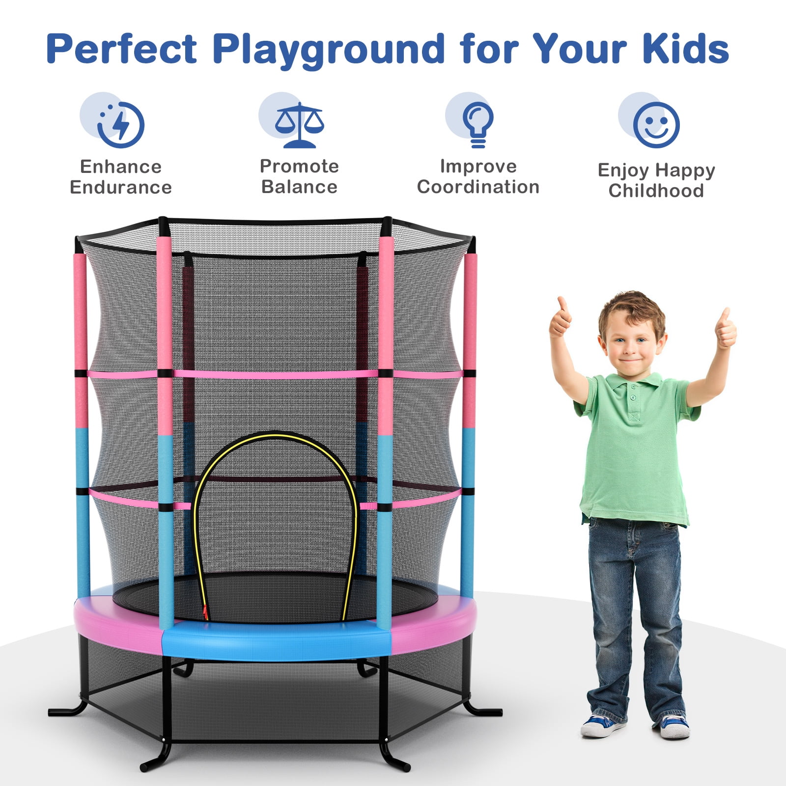 Gymax 55'' Trampoline for Kids Toddler Recreational Trampoline w/ Safety Enclosure Multicolor - Image 5