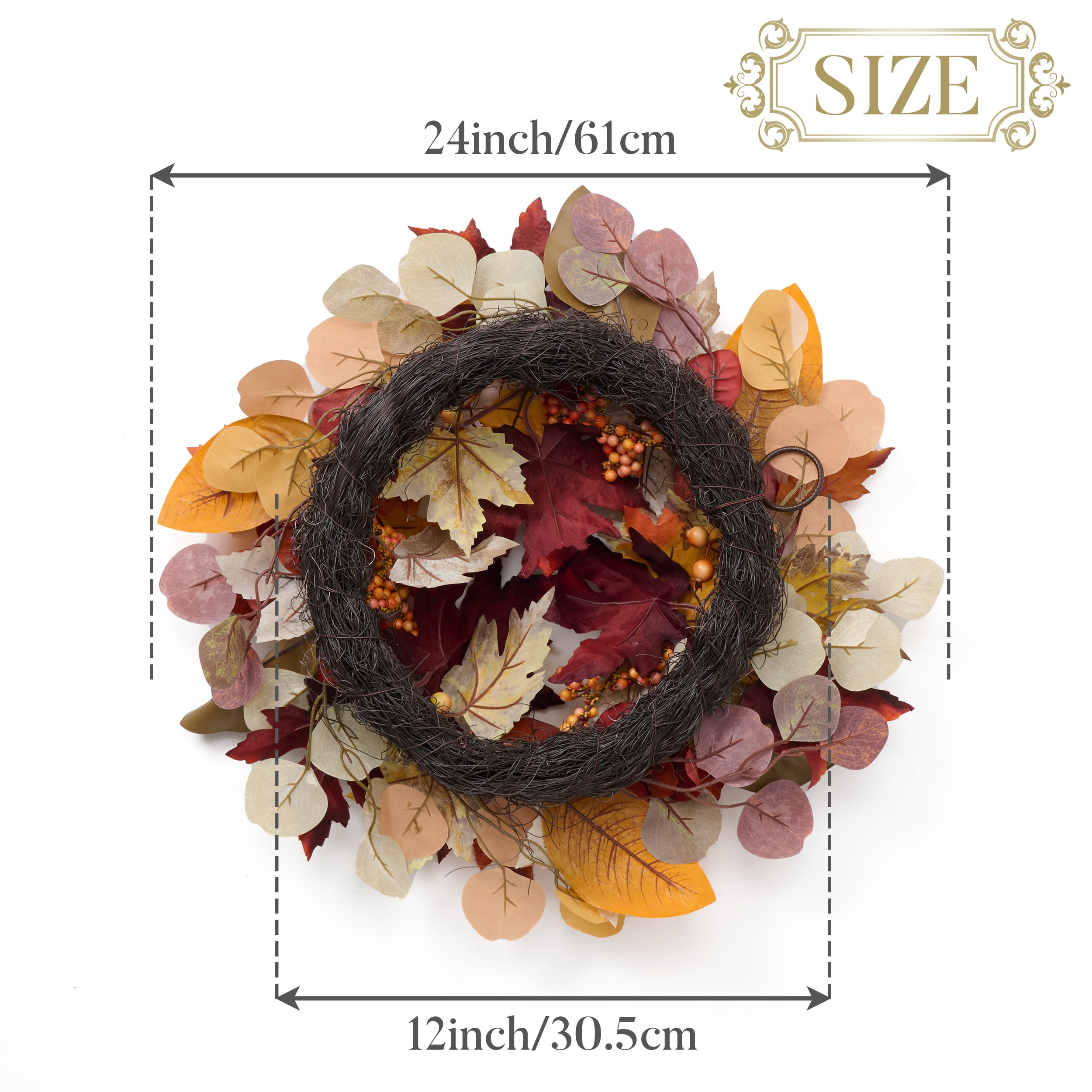 Valery Madelyn 24 Inches Pre-Lit Fall Wreath Lighted Thanksgiving Wreath with Pomegranate & Apple Fall Wreath for Front door Indoor Fireplace Farmhouse - Image 9