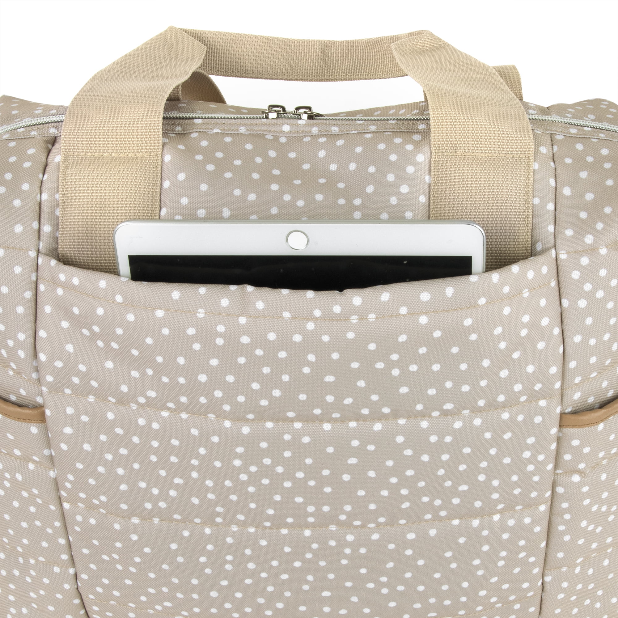 Jessica Simpson Quilted Baby Essentials Multifunction Multi-Pocket Fashion Diaper Bag Luggage Tote with Magnetic Front Wipes Pocket, Bottle Pockets & Changing Pad for Infant Boys & Girls in Taupe Dots - Image 6