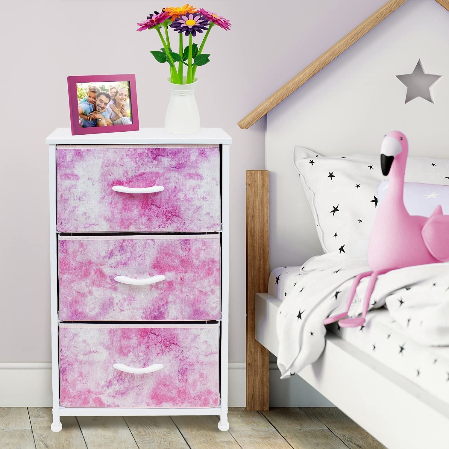 Sorbus Nightstand Storage Organizer Chest with 3 Drawers - Kids Girls, Boys Bedroom Furniture Chest for Clothes, Closet Organization - Steel Frame, Wood Top, Tie-dye Fabric Bin (3-Drawer, Pink) - Image 3