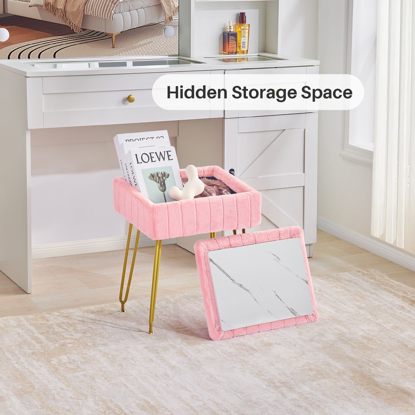 Redlife Vanity Stool Chair with Storage Faux Fur Makeup Ottoman Small Dresser Chair for Bedroom - Image 2