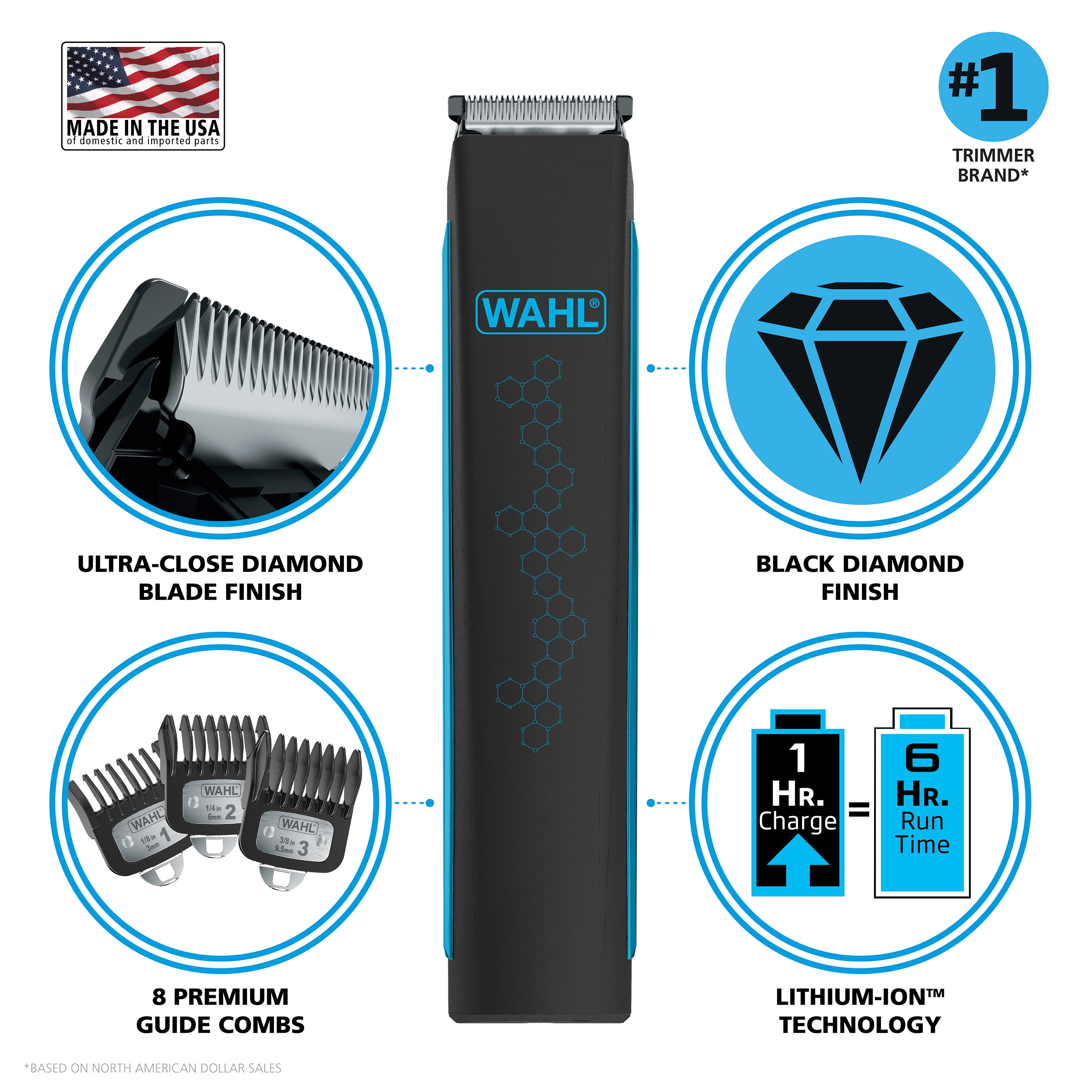 Wahl Diamond Edge Lithium-Ion Rechargeable, Men's Hair Trimmer , 9886-600 Black/Blue - Image 7
