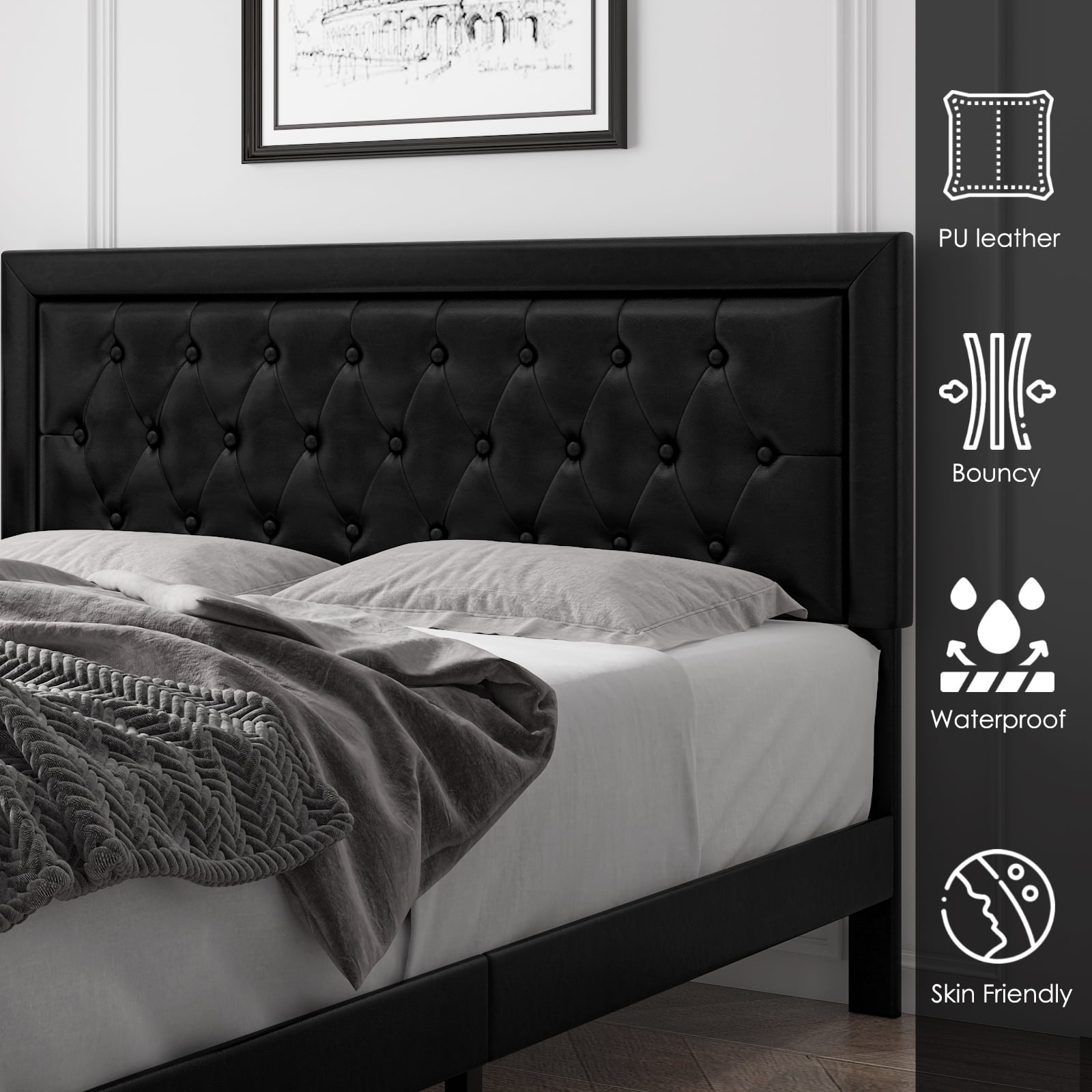 Homfa Queen Size 2 Drawers Bed Frame, PU Leather Upholstered Platform Bed with Adjustable Button Headboard, Black - Image 4