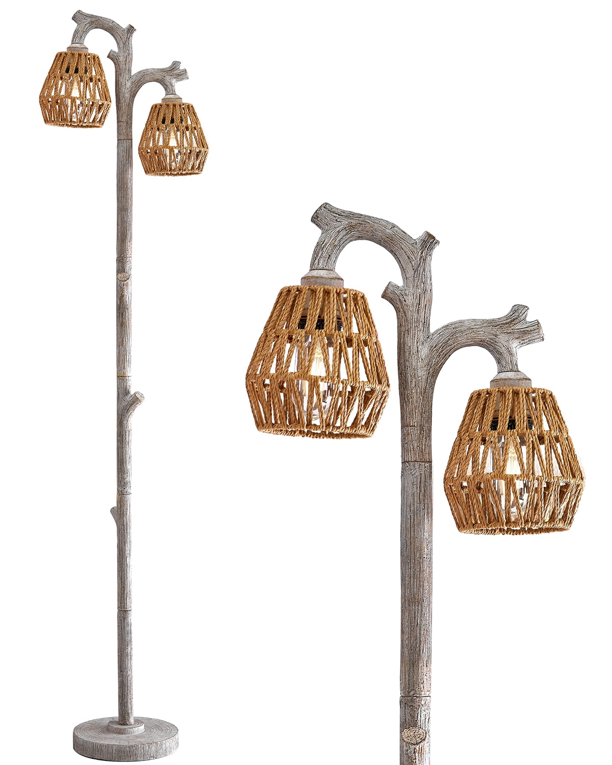 Oneach 62.25" Farmhouse Floor Lamp for Living Room with Rattan Lamp Shade,Retro Tree Trunk Deco Standing Lamp with Double Lamp Head for Bedroom,Office,Decor,Lighting - Image 4