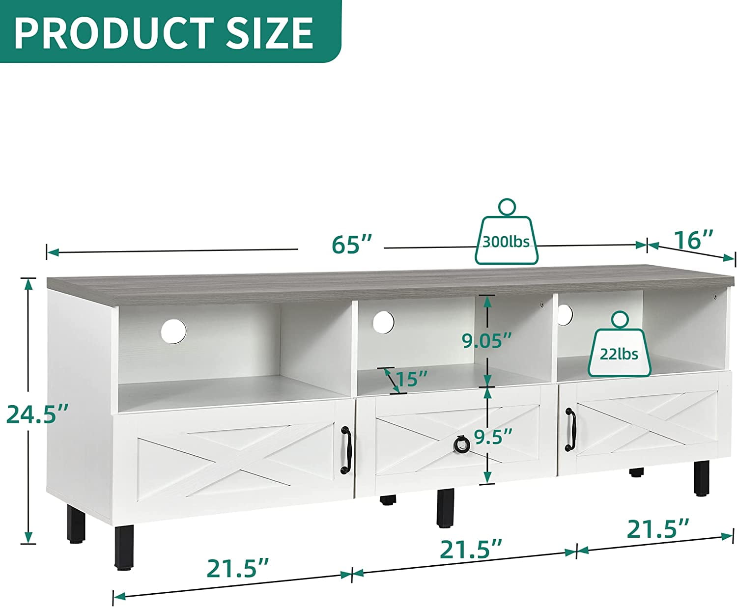 Dextrus Modern TV Stand for 70/65 inch, Wood Media Console with Storage Cabinet and Open Shelves, White/Grey - Image 3