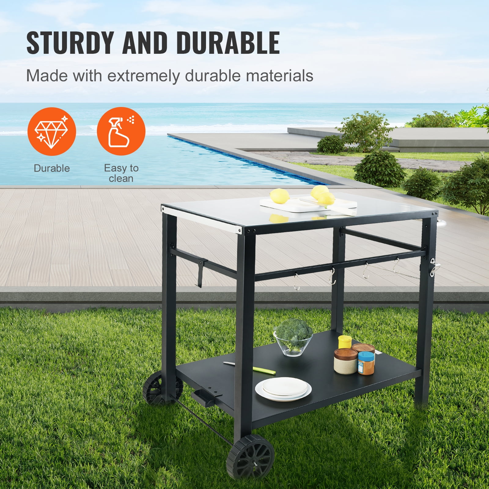 KFFKFF Outdoor Grill Cart with PVC Table Mat, 2 Tier Portable Modular Carts for Pizza Oven BBQ Mobile Grill Cart Food Preparation for Garden, Backyard - Image 8