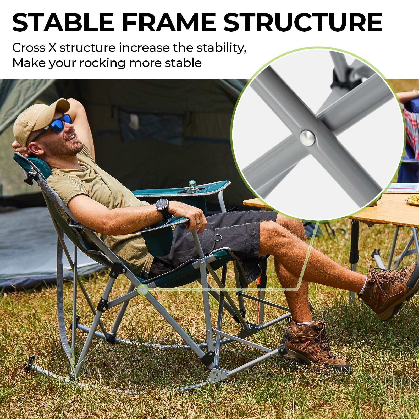 FUNDANGO 2-Pack Rocking Camping Chairs for Patio Swing Lounge, Folding Chair with Headrest, Perfect for Adults, Blue - Image 4