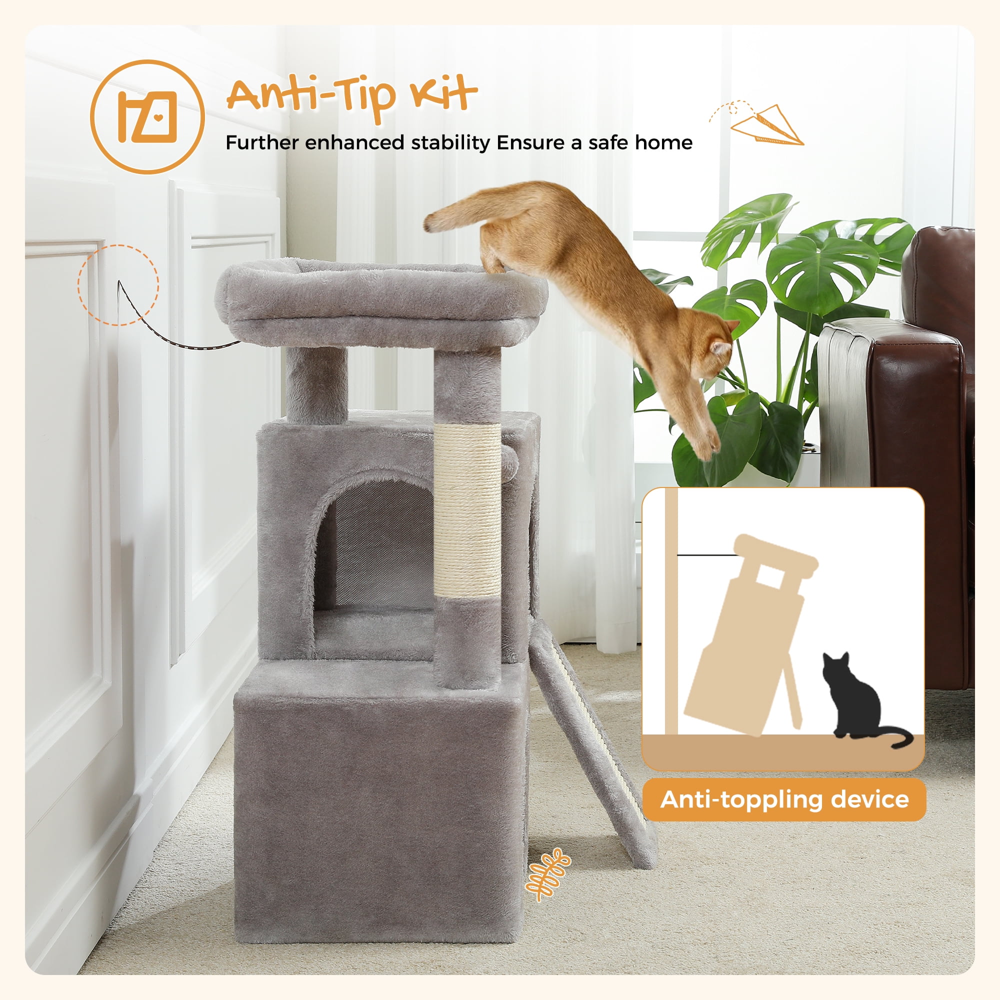 PAWZ Road 30" Cat Tree Condo with Sisal Scratcing Post Tower Ramp for Indoor Catss, Gray - Image 3