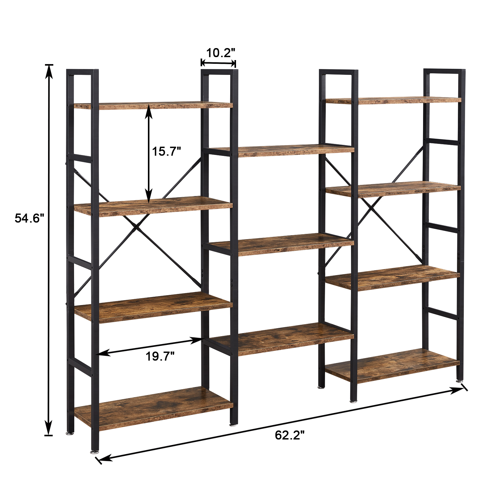 4 Tiers Industrial Bookcase and Bookshelf, Metal Wood 11 Display Shelves, Large Book Shelf for Living Room, Storage Shelf Organizer, Book Case in Brown - Image 4