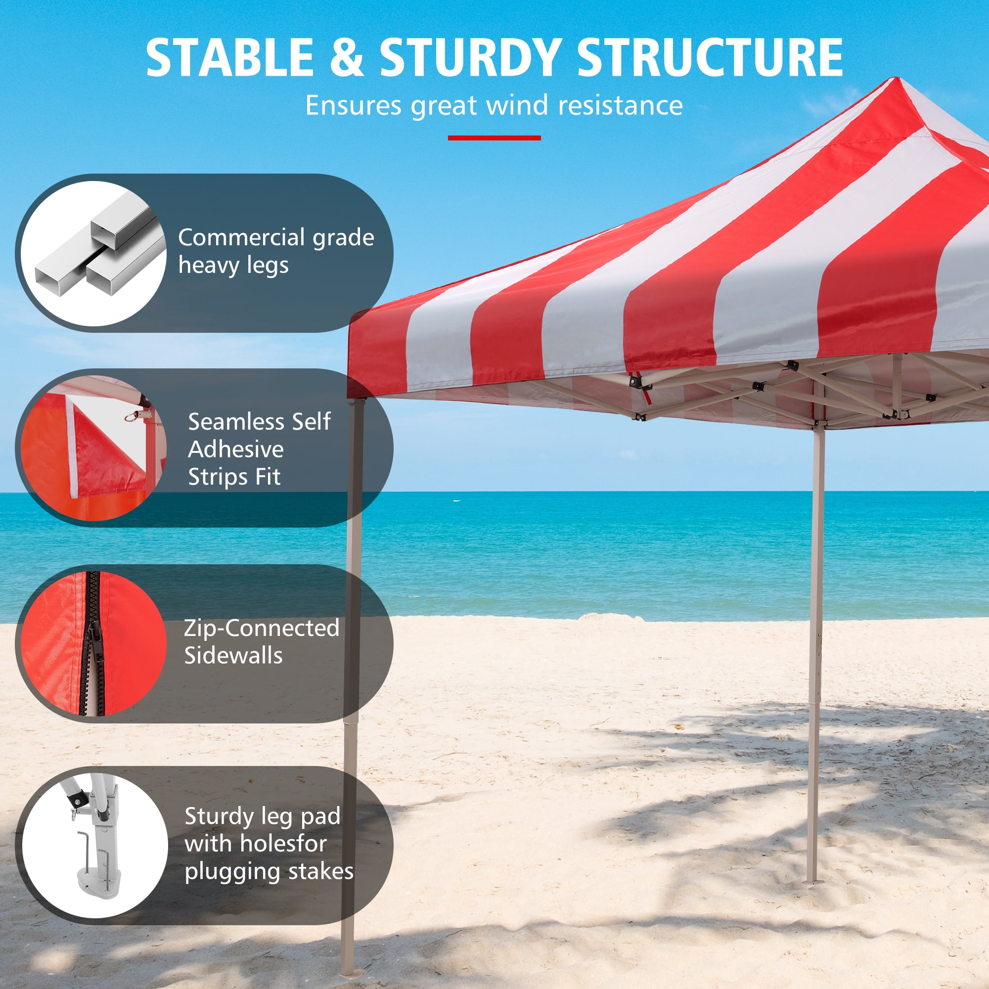 VentuLodge 10x10 Pop-Up Canopy Tent, Commercial Grade Heavy Duty Canopy with Striped Top and Sidewalls, Red - Image 3