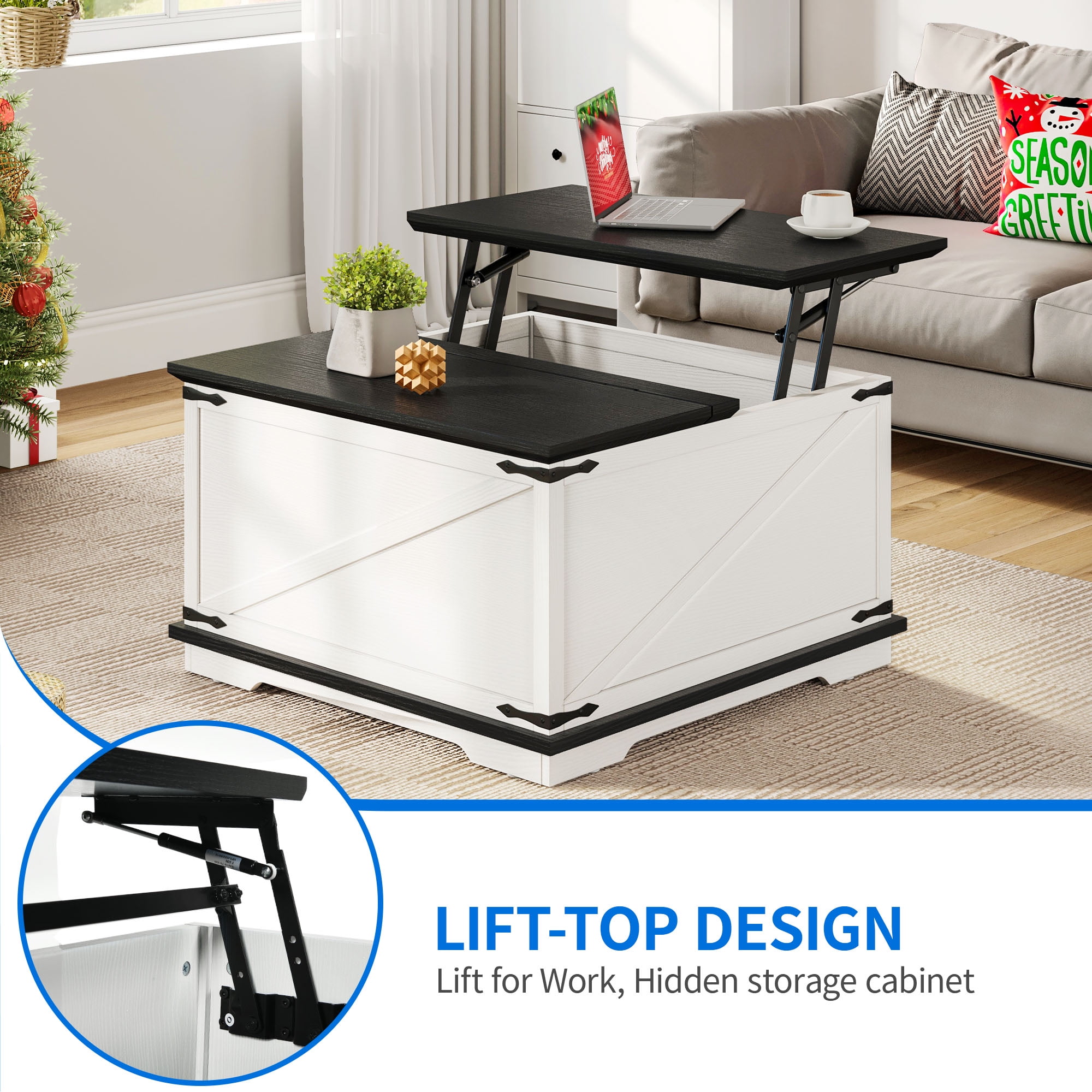 Dextrus Farmhouse Square Lift Top Coffee Table with Storage, Wood Center Table for Living Room, White and Black - Image 2