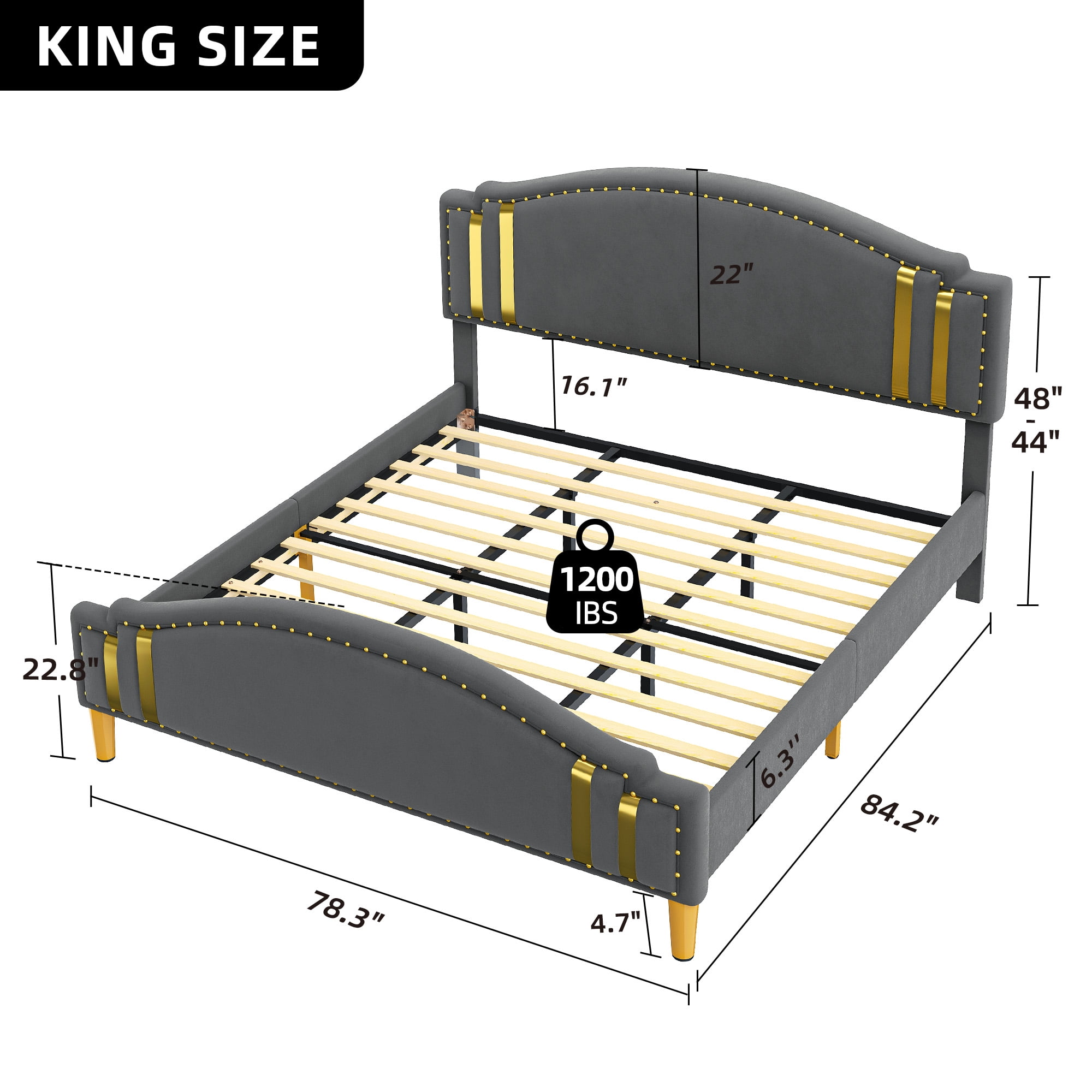 Dextrus Upholstered Wingback Bed Frame, King Size Platform Bed Frame, Gray - Image 6