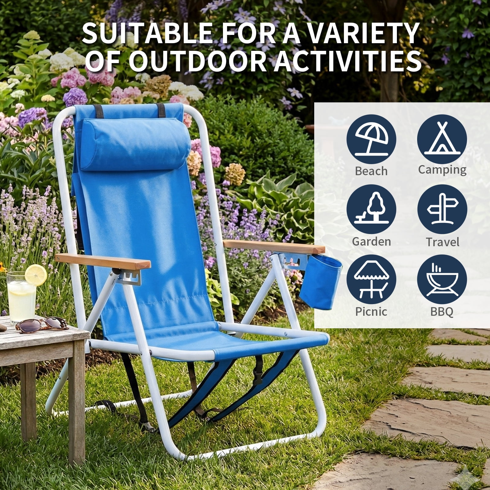 Ktaxon Backpack Beach Chair, Outdoor 4-Level Adjustable Folding Chair, Protable Seating with Cup Holder & Removable Headrest, Blue - Image 6