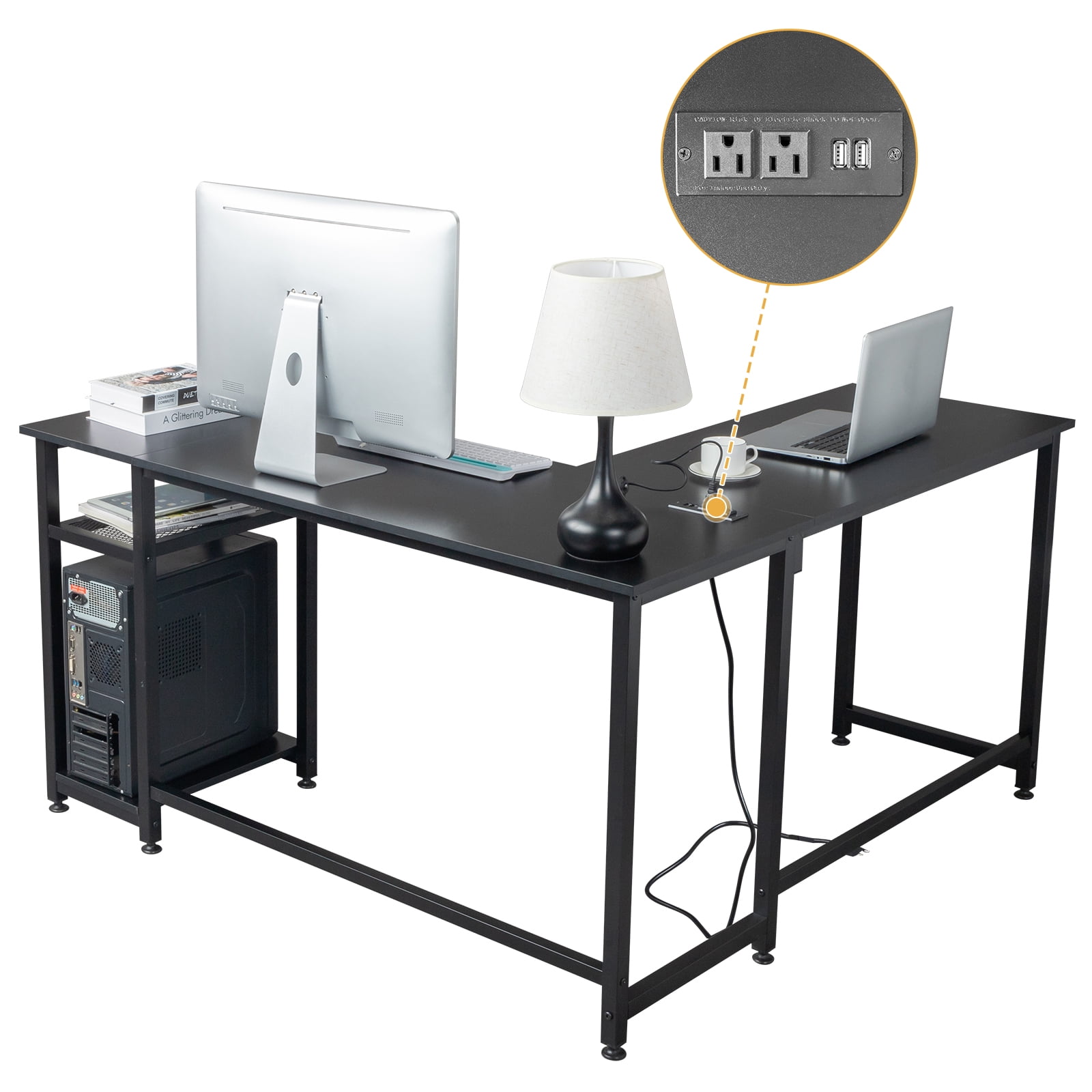 Ktaxon L-Shaped Computer Desk with USB Charging Station, Corner Desk Laptop Study Table Desk for Home Office, Black - Image 8