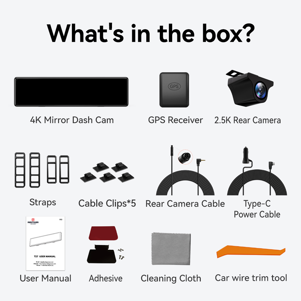 REDTIGER 11" UHD Full Touch Screen Rearview Mirror Dash Cam, 4K Front and 2.5K Rear Backup Camera, Night Vision, GPS - Image 7