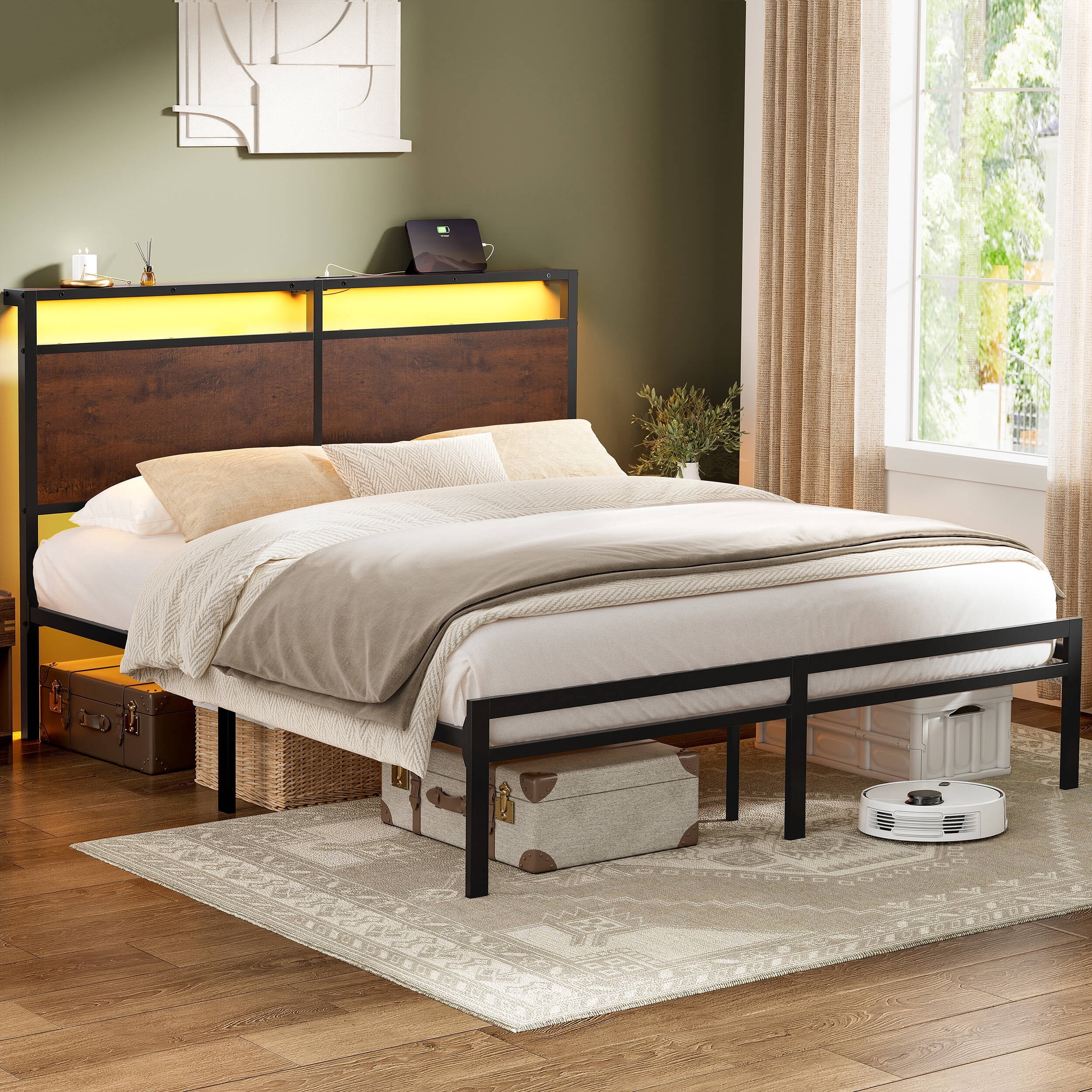 GUNAITO Queen Bed Frame with Headboard Metal Platform Bed with LED Lights and Charging Station, Rustic Brown - Image 6