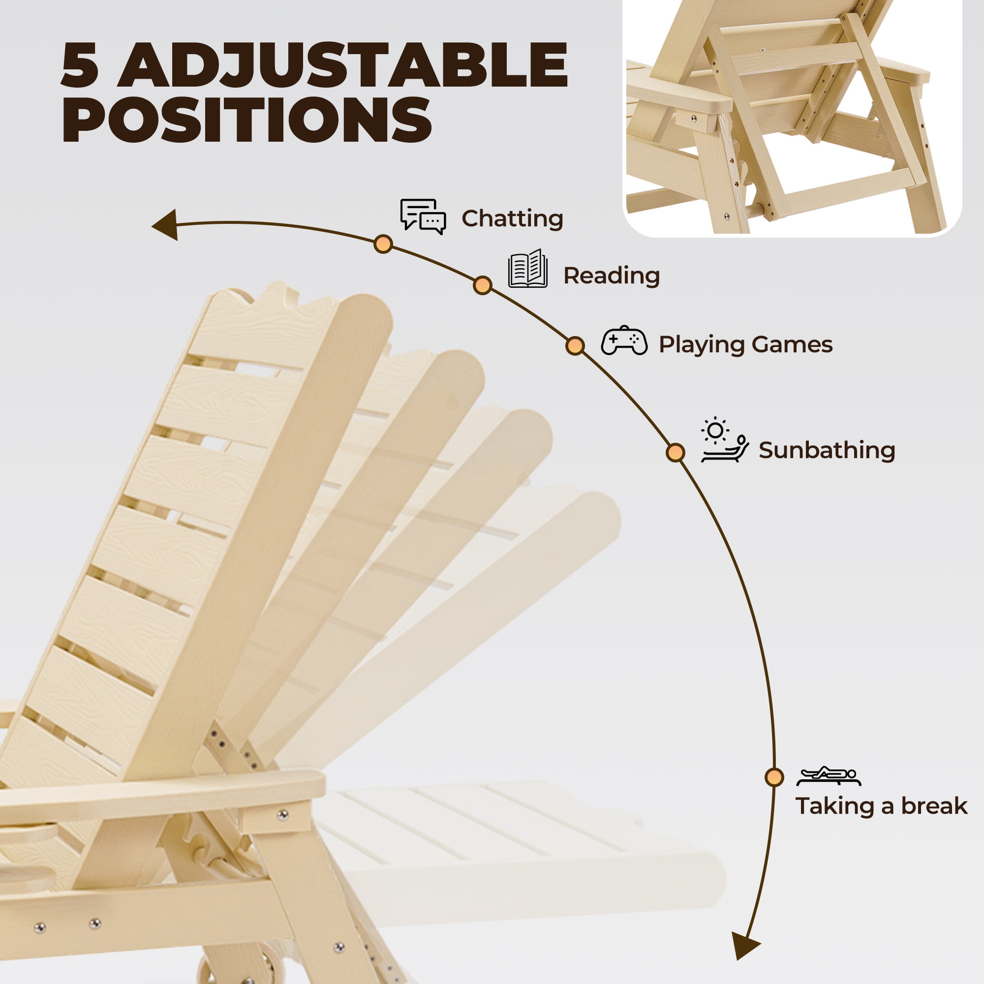 Naipo 1pc/2pcs Outdoor Lounge Chair with 5-Level Adjustable Backrest, Patio Chaise Lounge CupHolder, No Rust, No Fade, No Break with Enlarged Wheels, 350lbs - Image 10