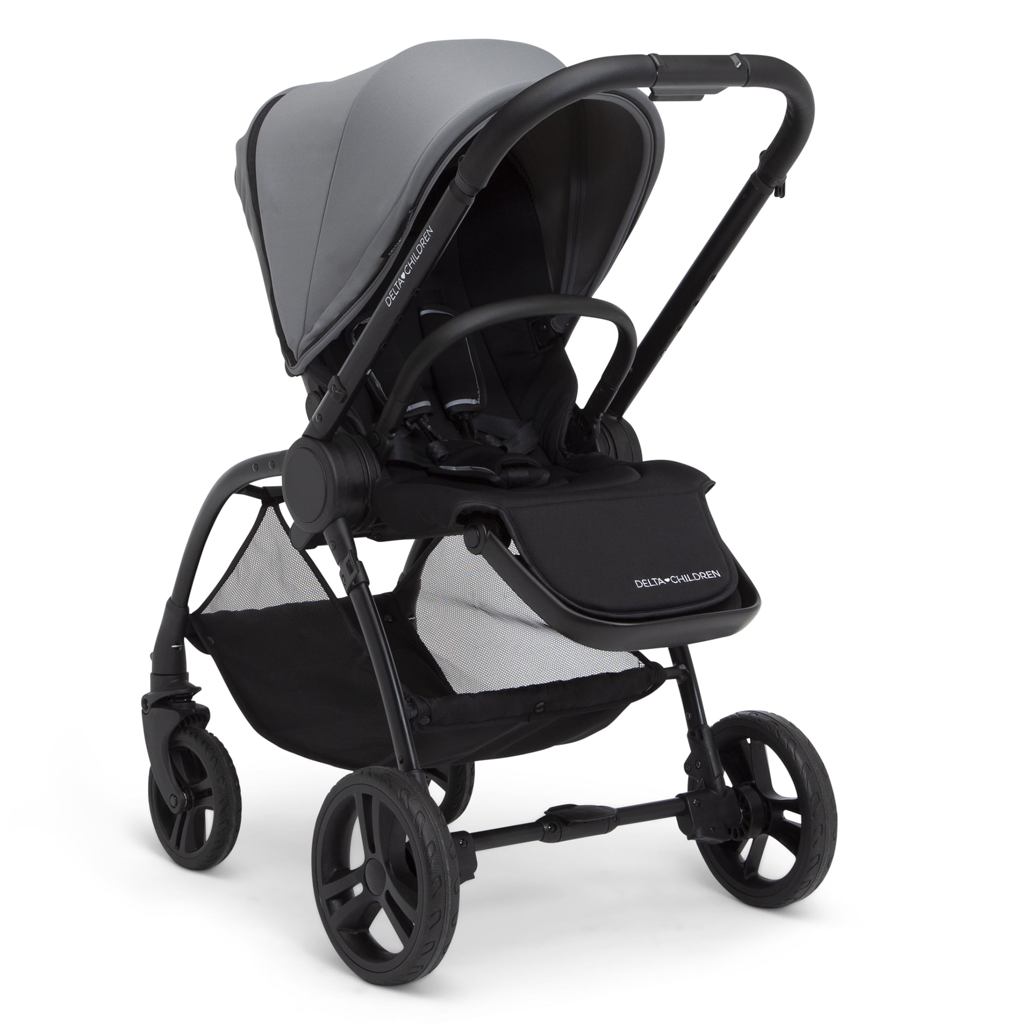 Delta Children Revolve Reversible Stroller - Leather Handlebar; One Hand Easy Fold; Lightweight Shock-Absorbing Frame; Reclining Seat and Adjustable Footrest, Grey - Image 5