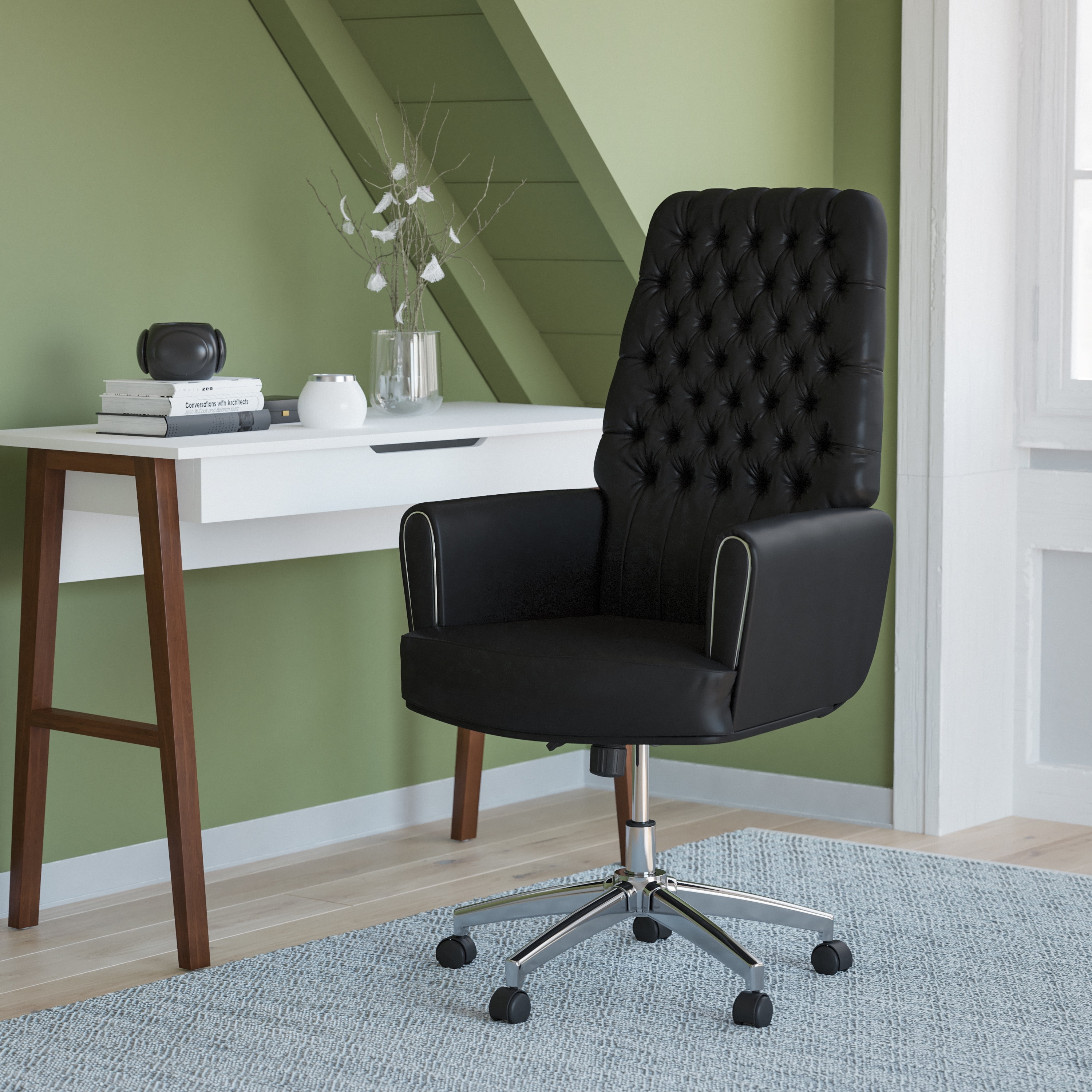 Flash Furniture Hansel High Back Traditional Tufted Black LeatherSoft Executive Swivel Office Chair with Silver Welt Arms - Image 9