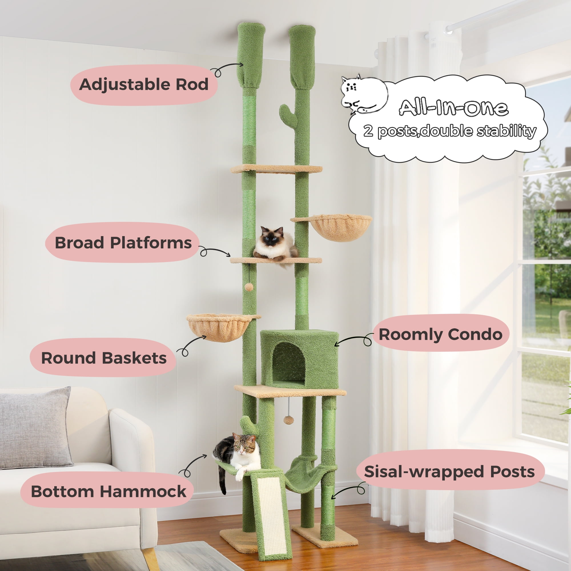 PAWZ Road 85-112" Cactus Cat Tree Floor to Ceiling Adjustable Climbing Cat Tower Scratching Post 2-Hammocks, Green - Image 2
