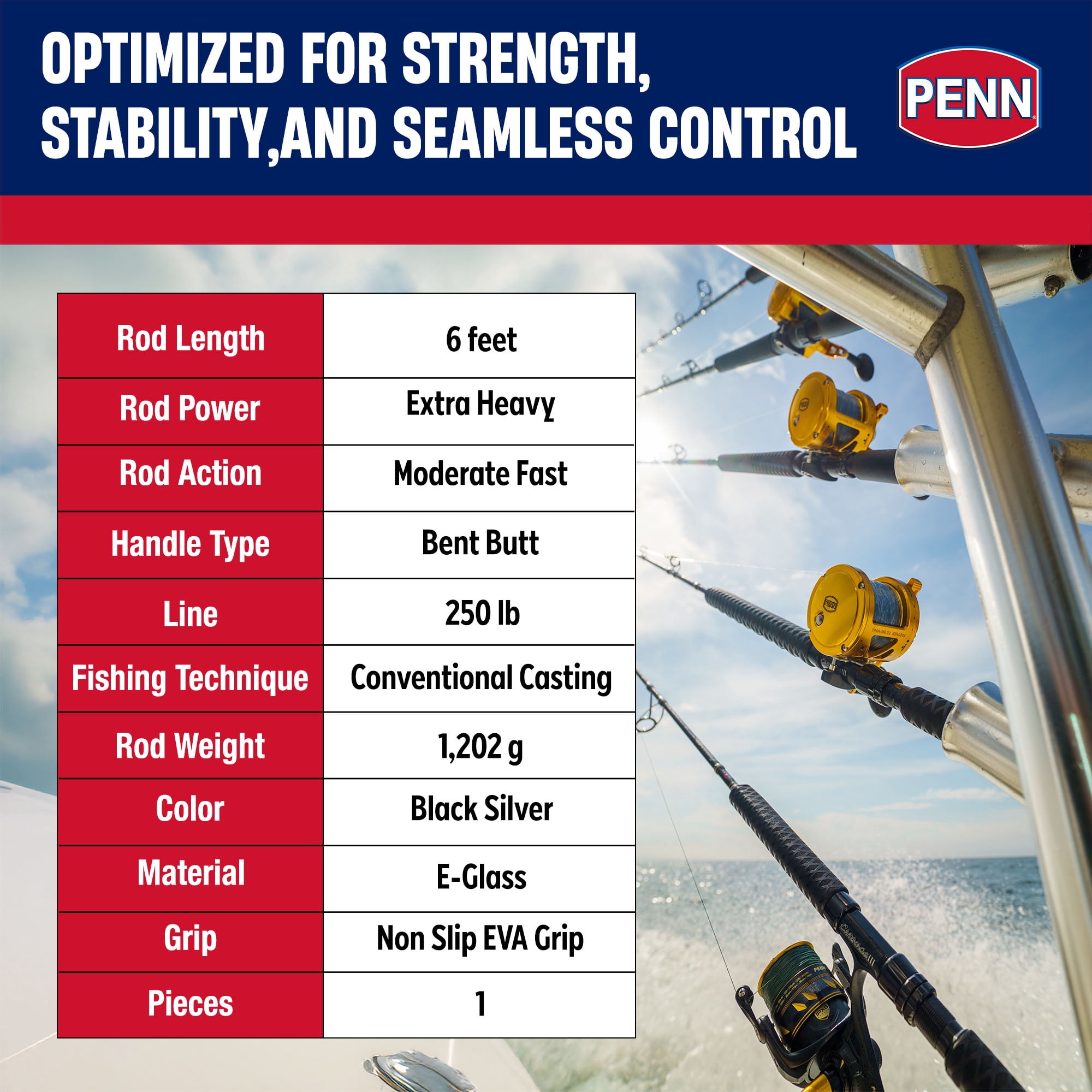 PENN Ally™ II Boat Conventional Rod, 6' Extra Heavy Fishing Rod - Image 5