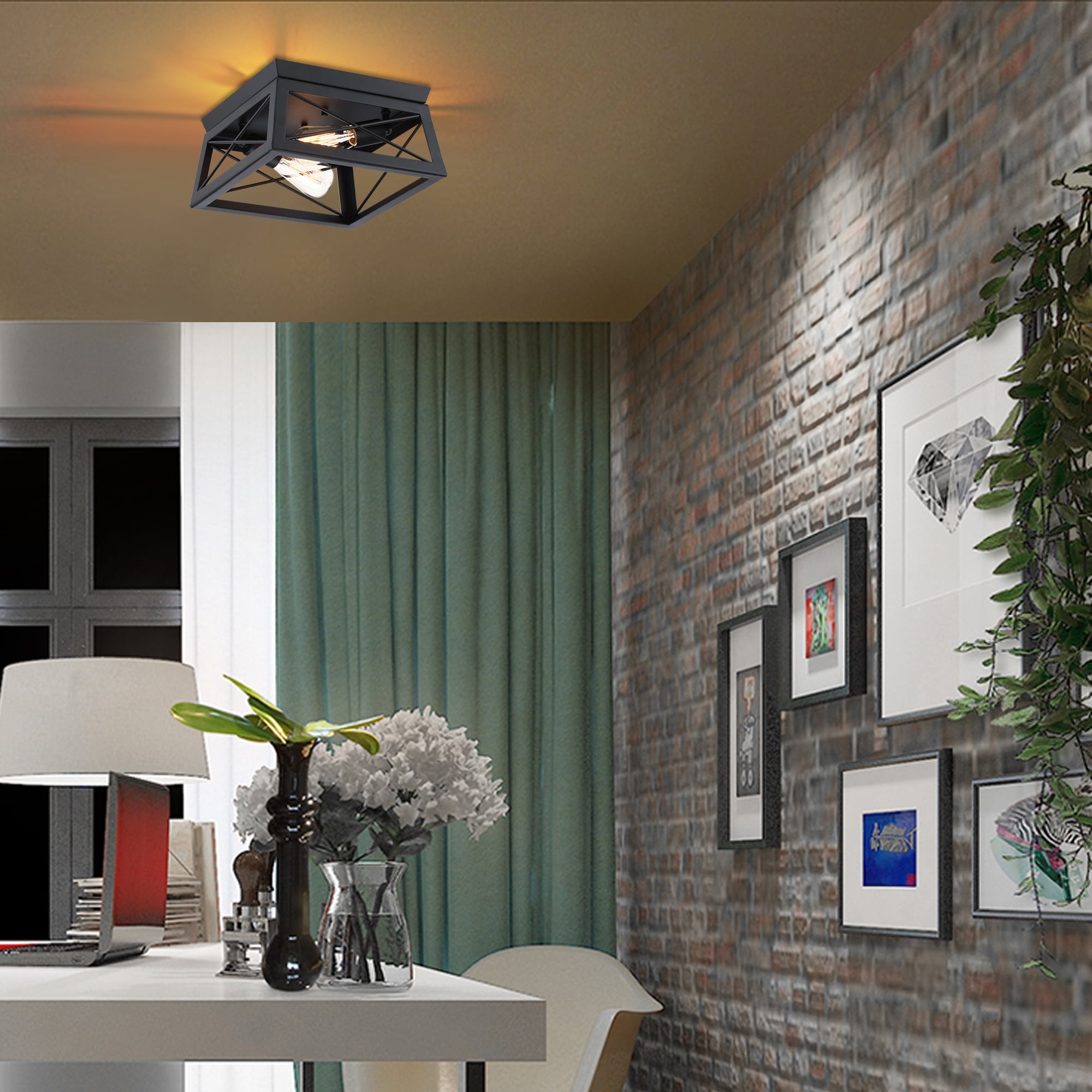 2-Light Farmhouse Flush Mount Ceiling Light Industrial Metal Light Fixture for Hallway, Bedroom, Kitchen, Living room - Image 4