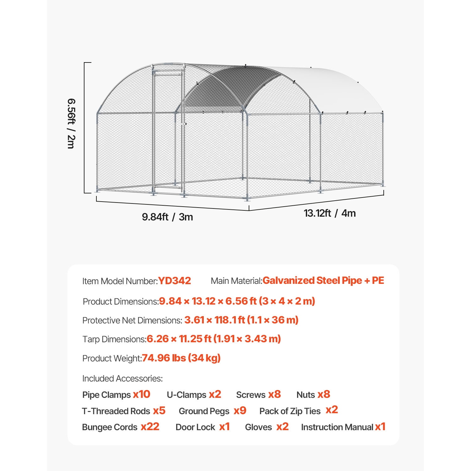 KFFKFF Metallic Poultry Enclosure, Dimensions 9.8x13.1x6.5 ft, Spacious Walk-in Design with Protective Cover, Dome-shaped Roof, Secure Locking Mechanism, Outdoor Cage for Ducks and Rabbits - Image 8