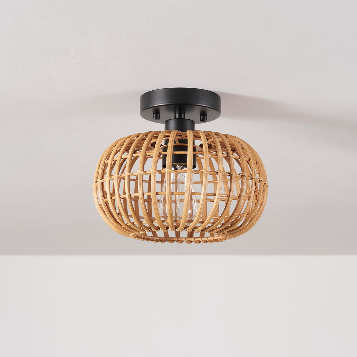 Globe Electric Fitz 1-Light Black Flush Mount Ceiling Light with Rattan Shade, 91000921 - Image 8