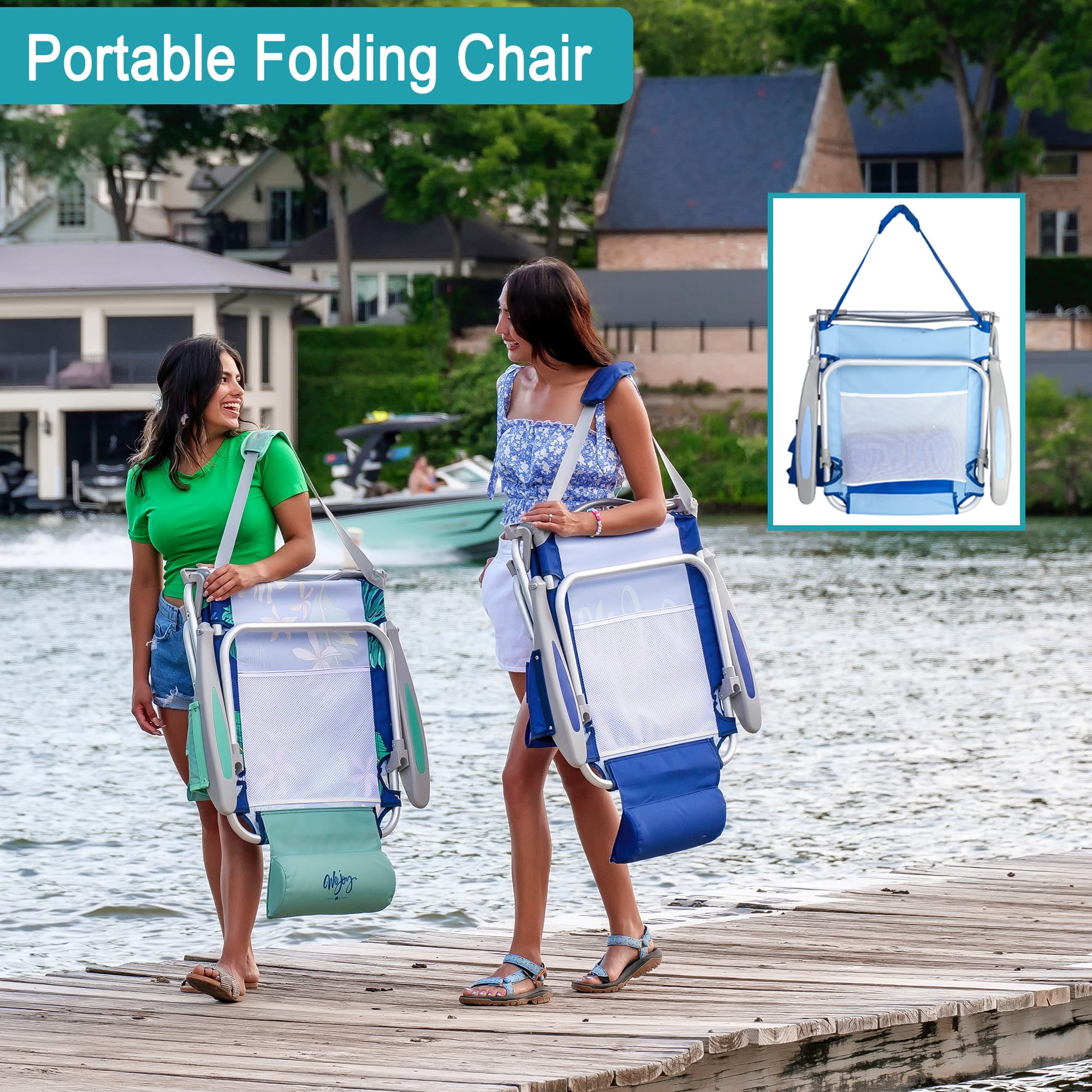 #WEJOY Backpack Beach Chair, 4-Position Adjustable Folding Chair, Aluminum Folding Beach Chair, Low Camping Chair for Adults with Headrest, Cup Holder, Towel Rack, Max Load 265 lbs - Image 2