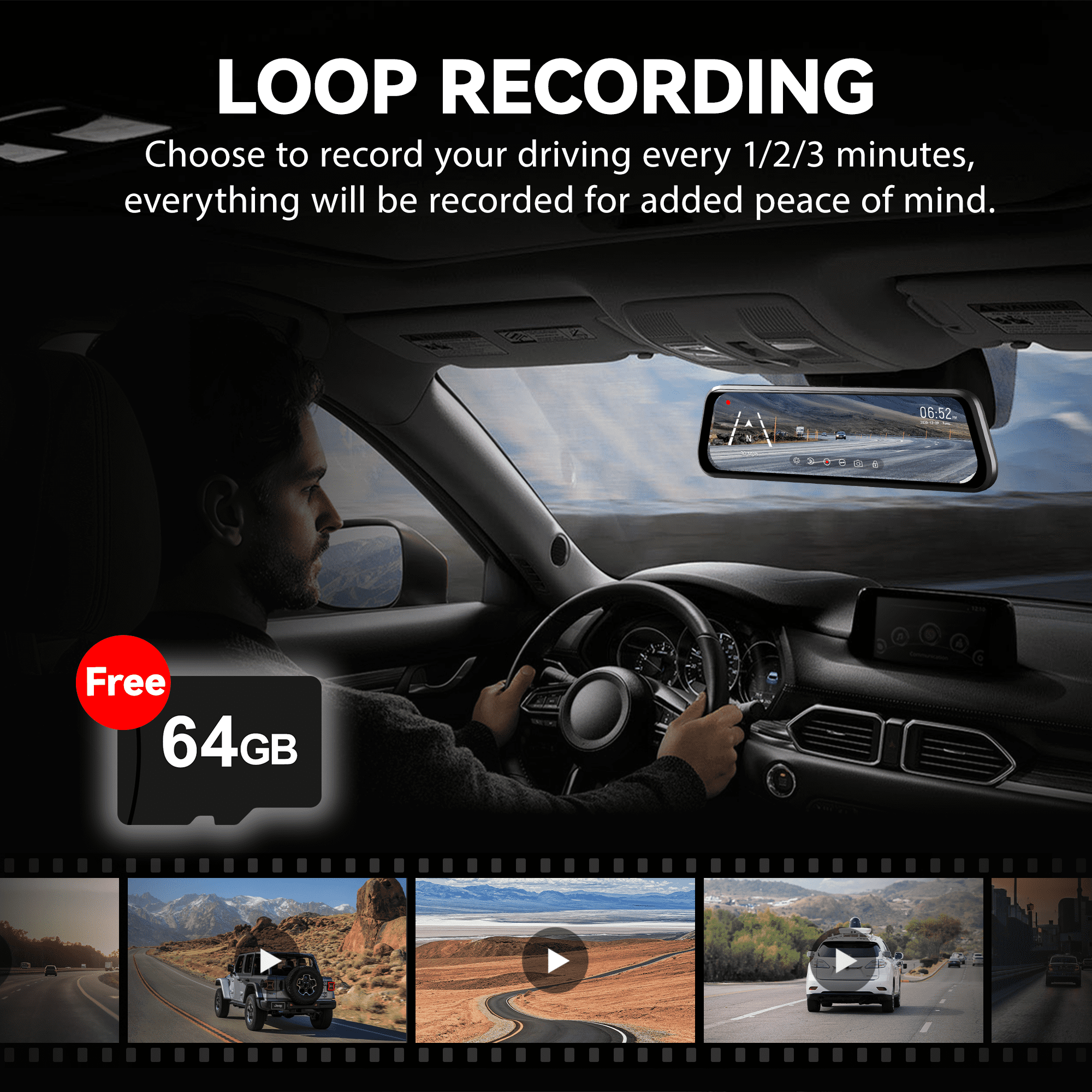 WolfBox 10" Touch Screen Dash Cam Front and Rear, 4K+1080P Rear View Mirror Backup Car Camera with Night Vision, GPS, Free 64GB Card - Image 6