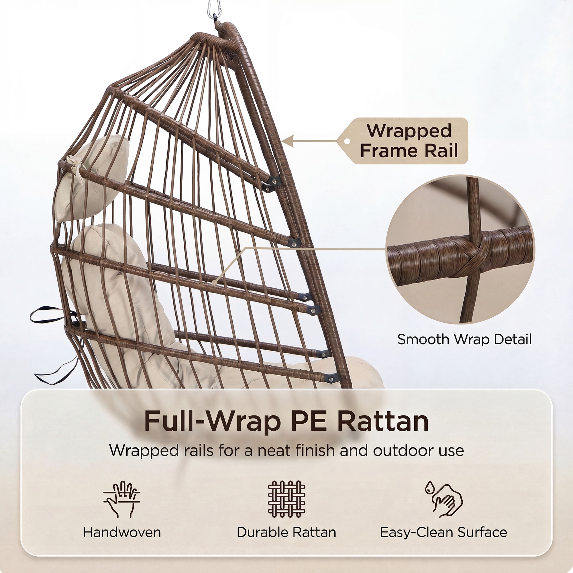 RADIATA Hanging Egg Chair with Stand, Outdoor Indoor Wicker Swing Chair with Cushions, 350lbs Capacity Patio Hammock Chair for Backyard, Balcony, Brown - Image 4