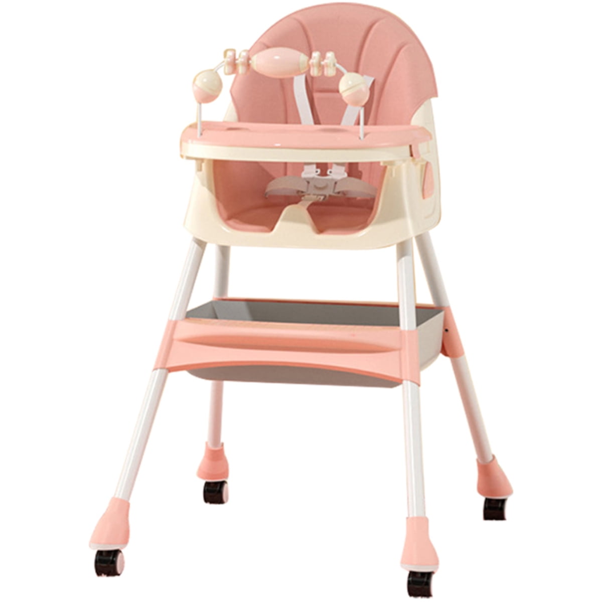 FACNOATIHN Baby High Chair, 4-in-1 Foldable Highchair Dining Feeding Chair with Five-Point Harness Double Dining Plate & Toy Rack, Infant to Toddler, Pink - Image 8