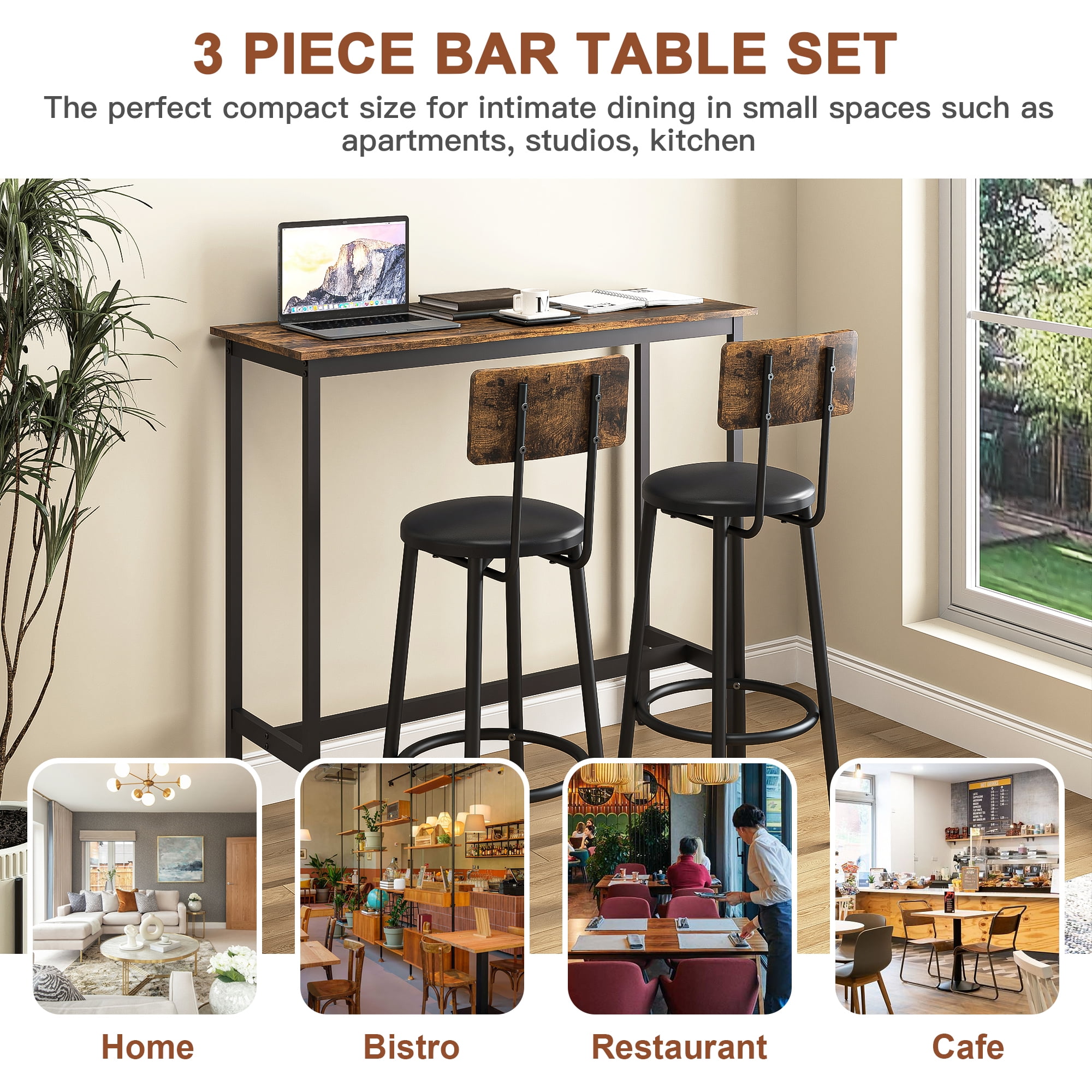 Hommoo Bar Table and Chairs Set, 3-Piece Dining Set Kitchen Breakfast Table, Industrial Dining Table and Round Chairs Set, Rustic Brown - Image 6