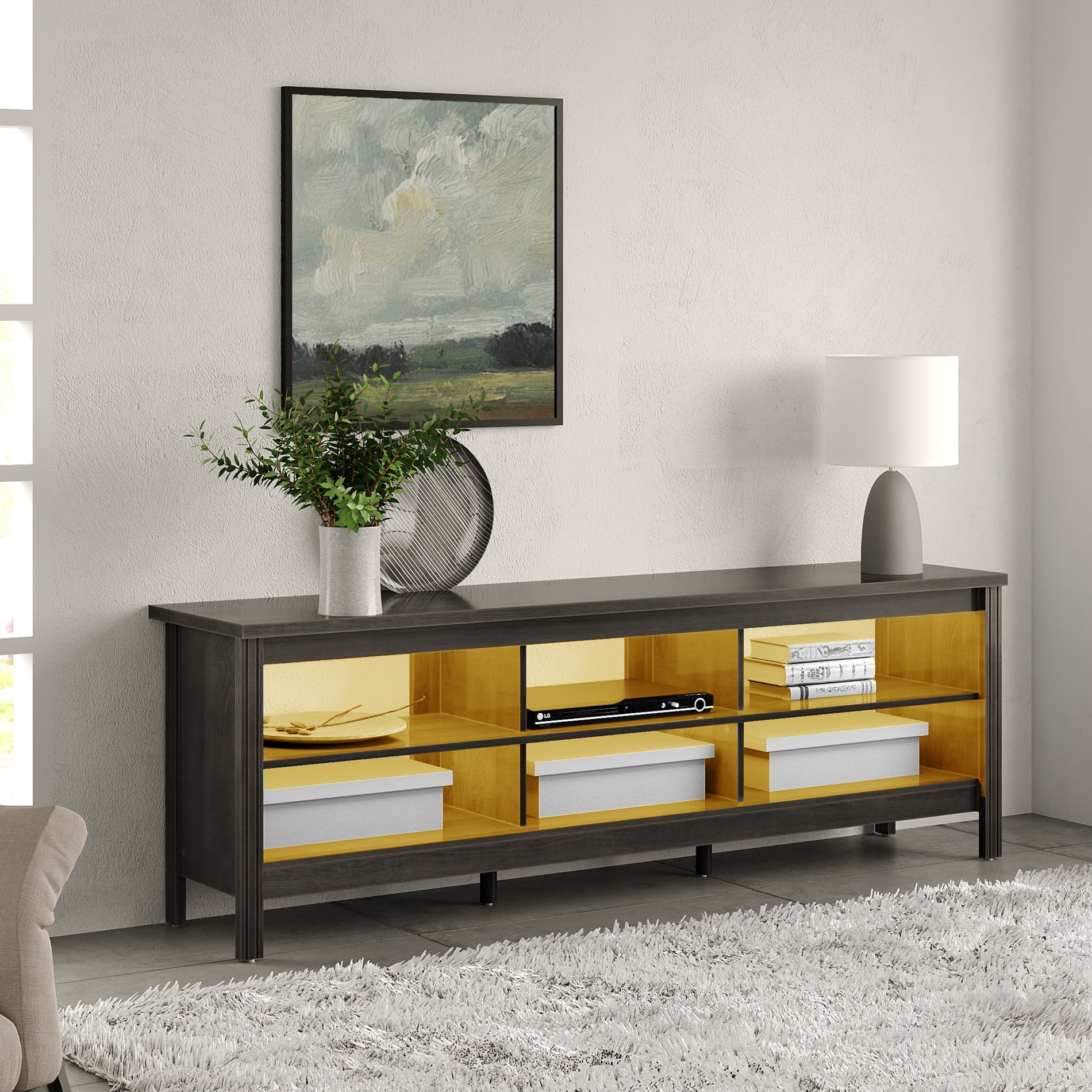 TV Stand with Warm White LED Lights and Open Storage Shelves for 75 Inch TV, Black - Image 4