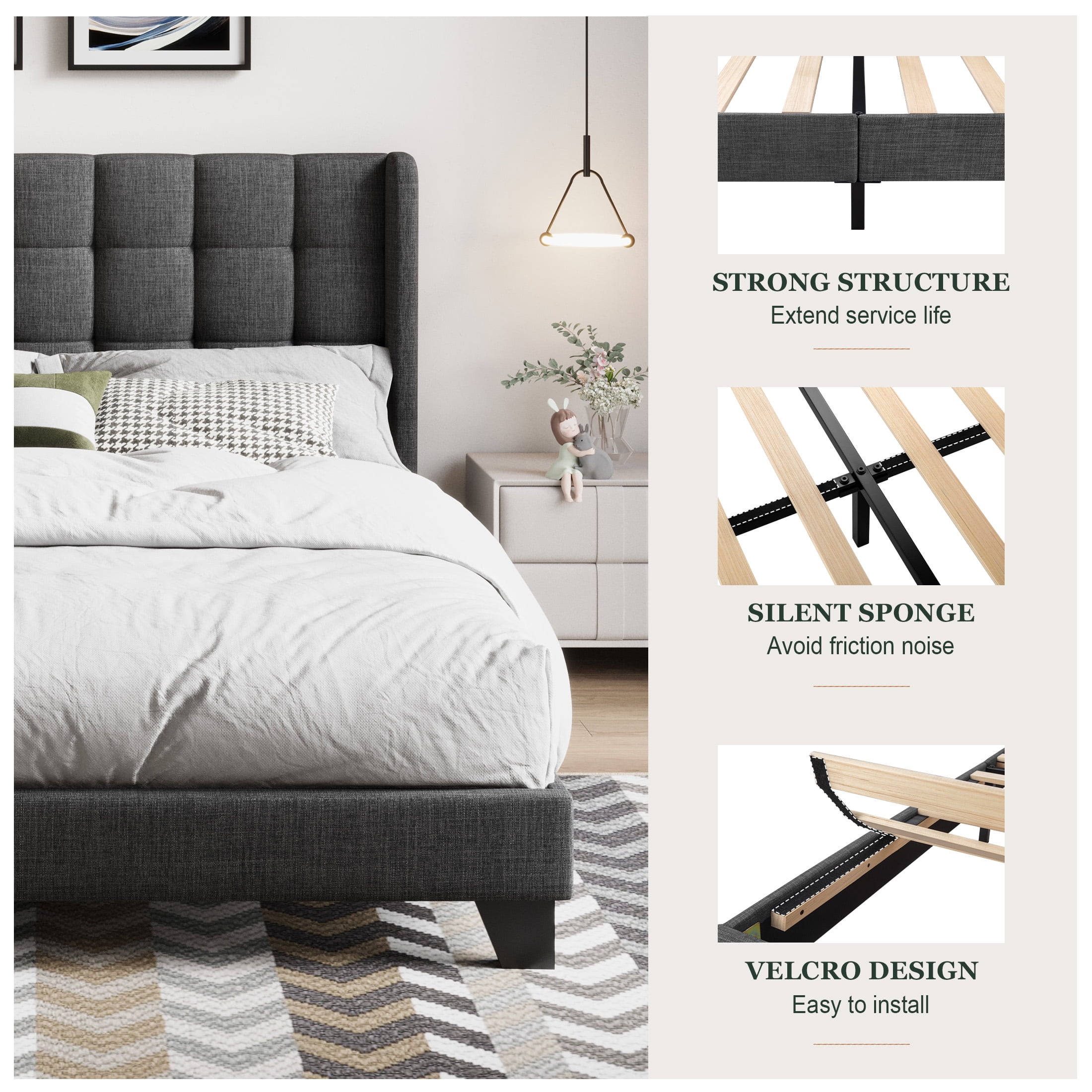 Amolife Full Size Platform Bed with Wingback Headboard, Square Stitched Style, Dark Grey - Image 2